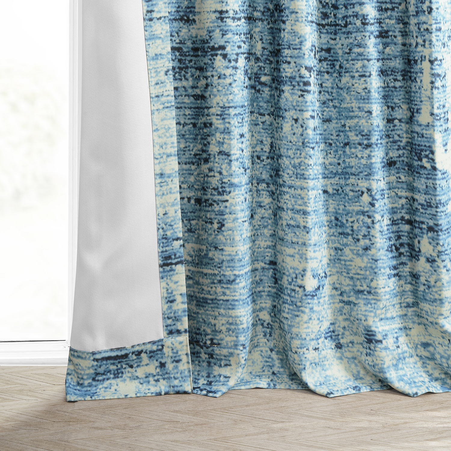 Strata Blue Printed Linen Textured Blackout Curtain