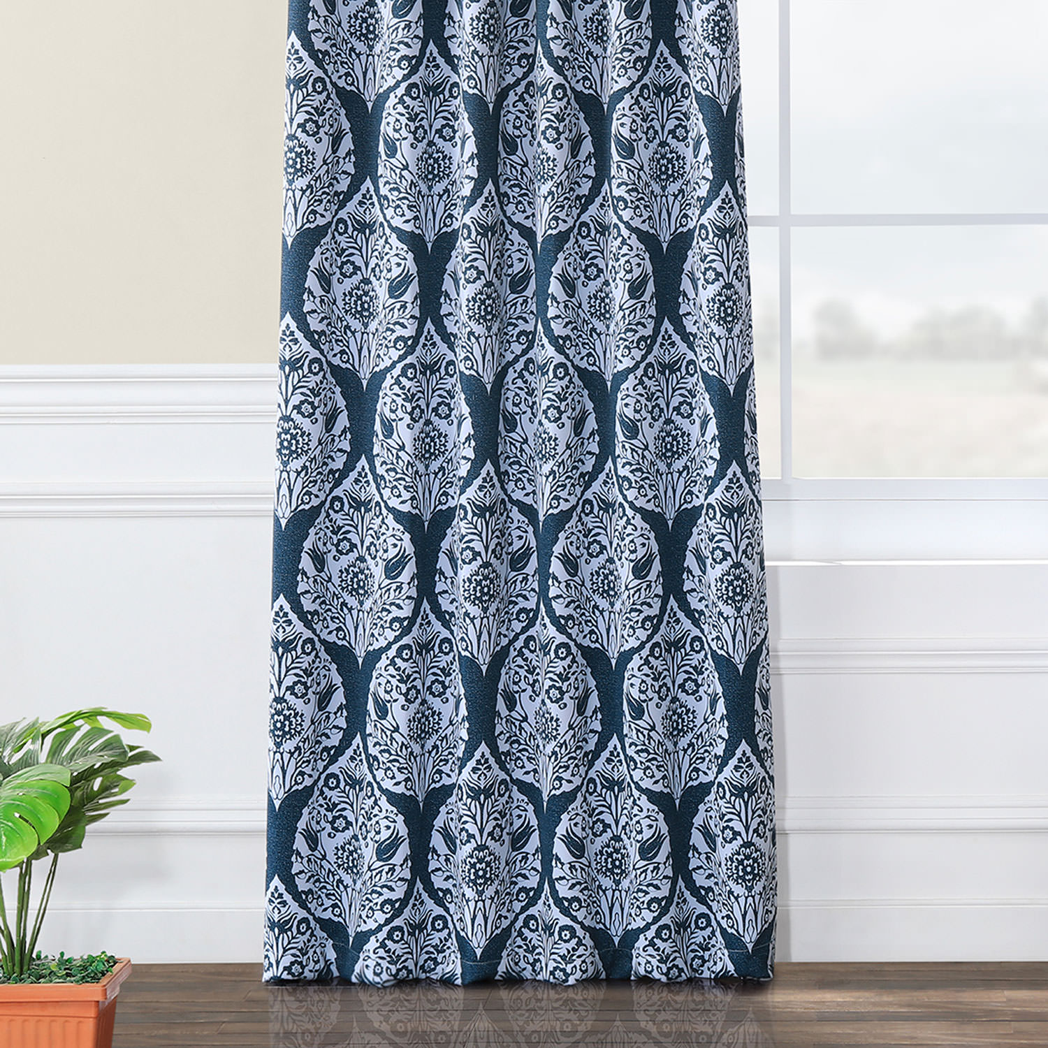 Woodcut Navy Blackout Room Darkening Curtain