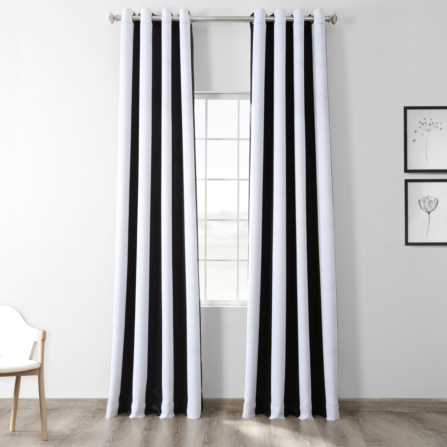 Awning Black &amp; Fog White Stripe Grommet Blackout Room Darkening Curtain