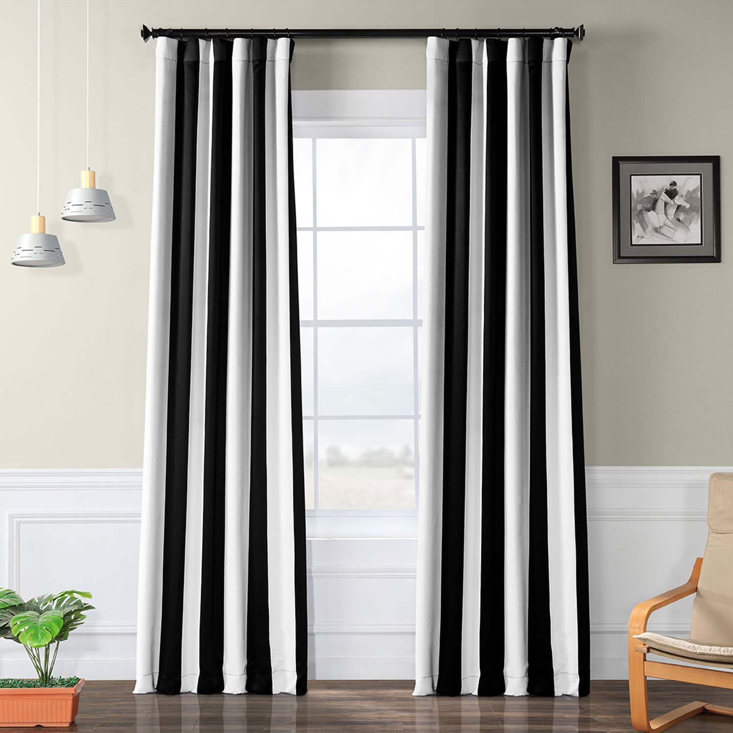 Awning Black &amp; Fog White Stripe Blackout Room Darkening Curtain