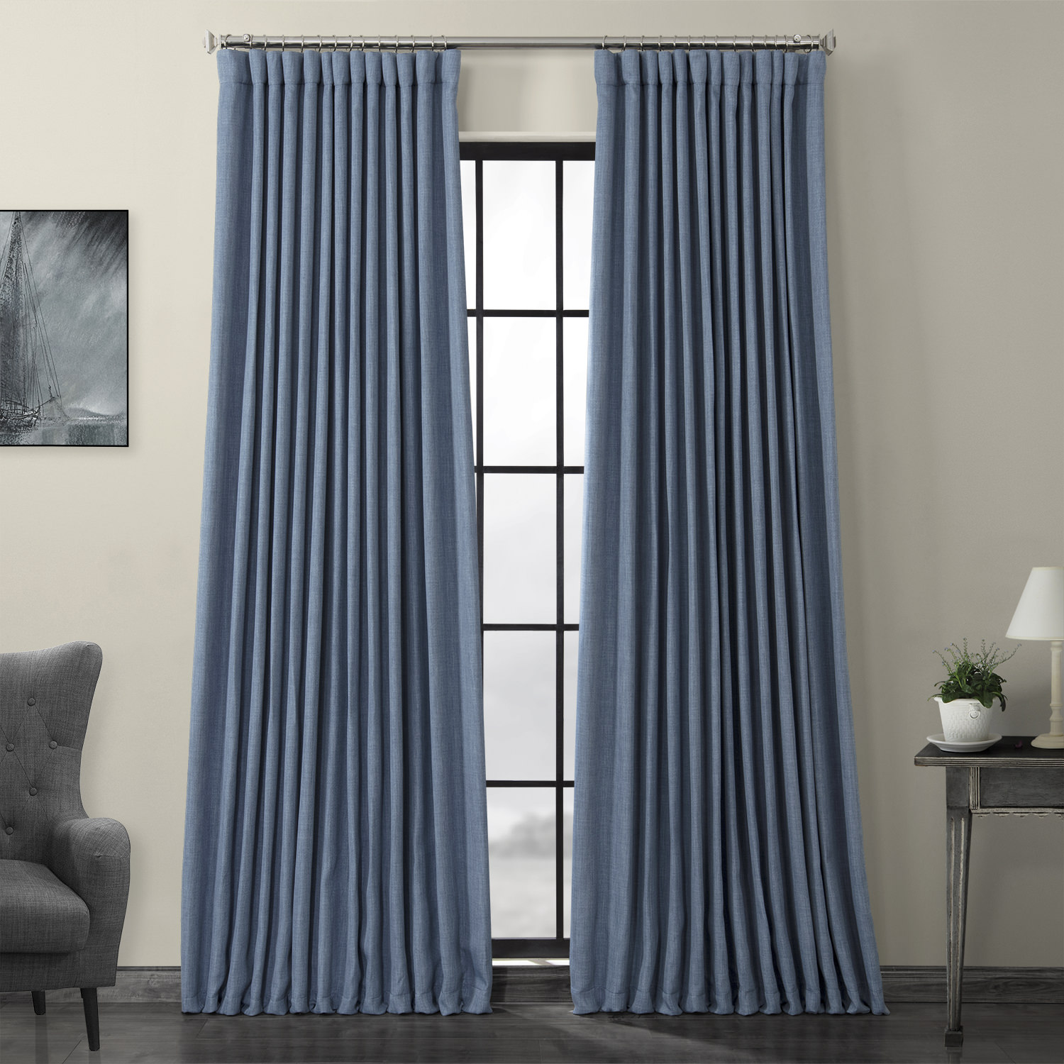 Denim Faux Linen Extra Wide Room Darkening Curtain