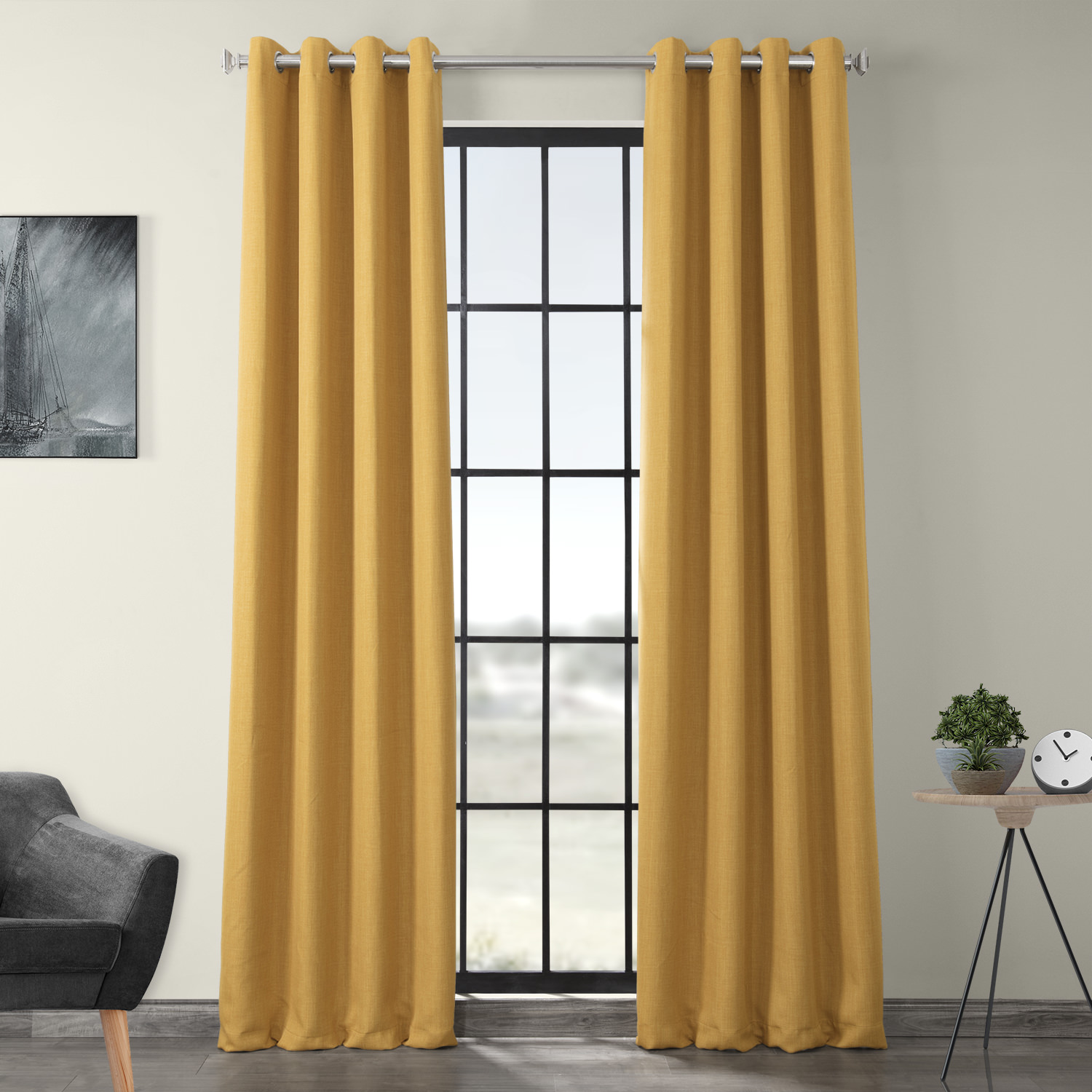 Dandelion Gold Faux Linen Grommet Room Darkening Curtain