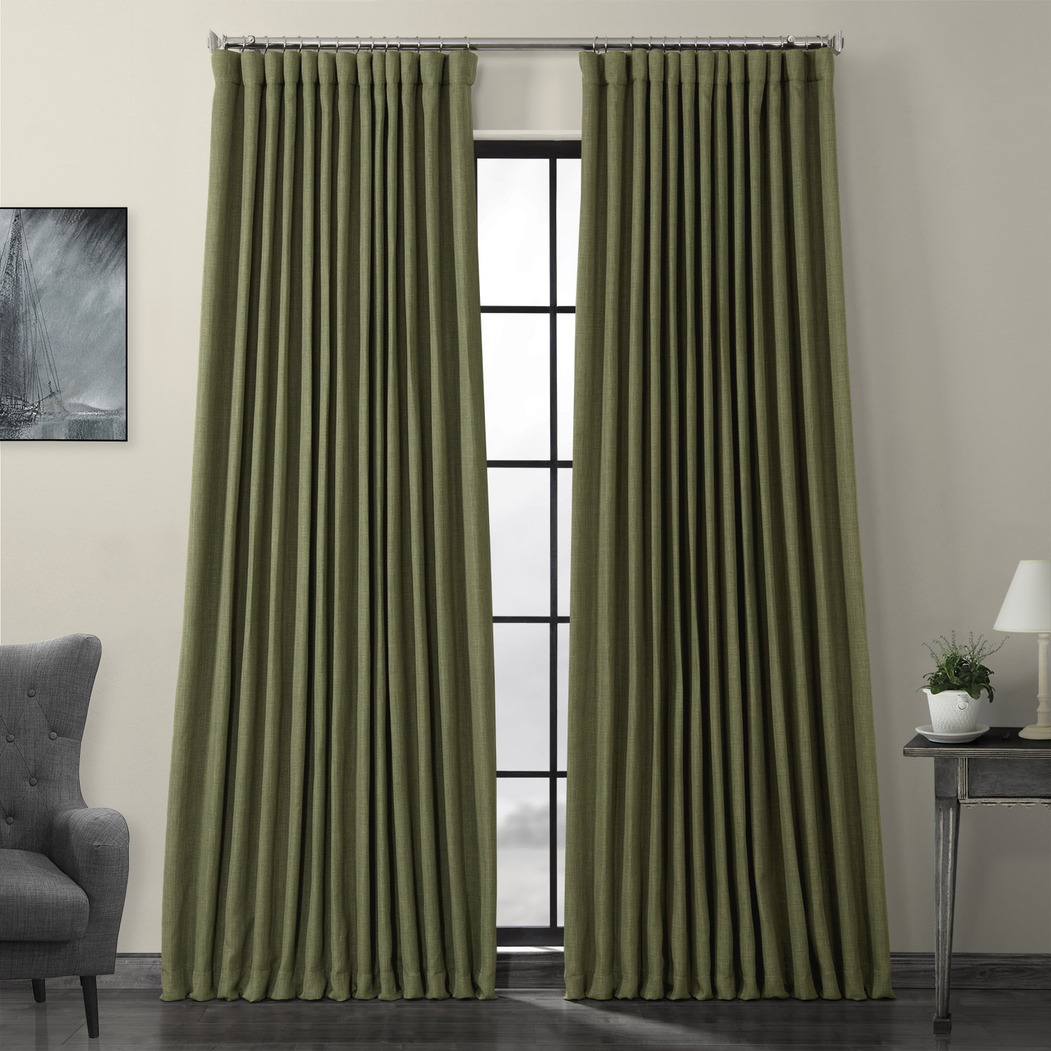 Tuscany Green Faux Linen Extra Wide Room Darkening Curtain