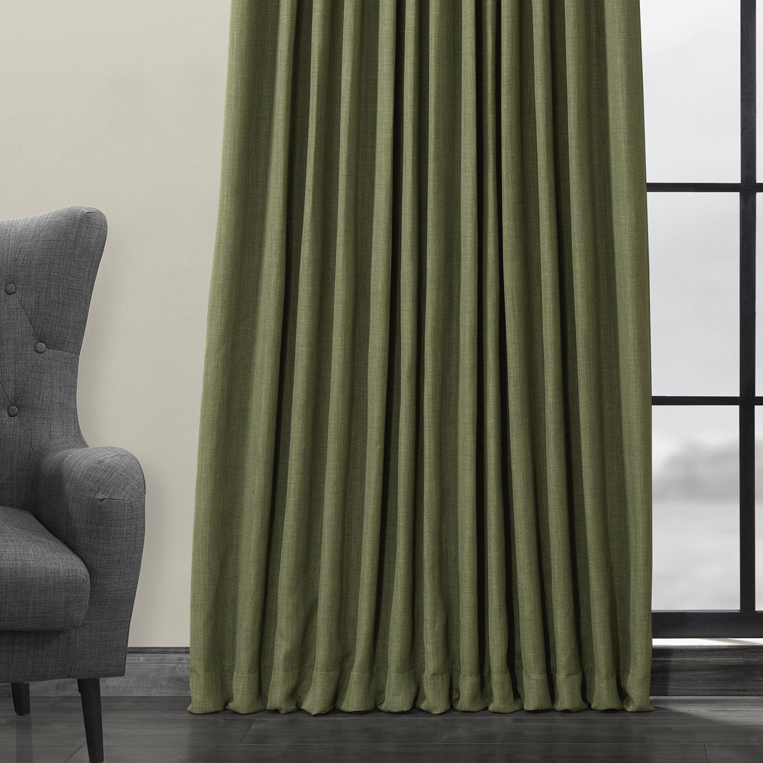 Tuscany Green Faux Linen Extra Wide Room Darkening Curtain