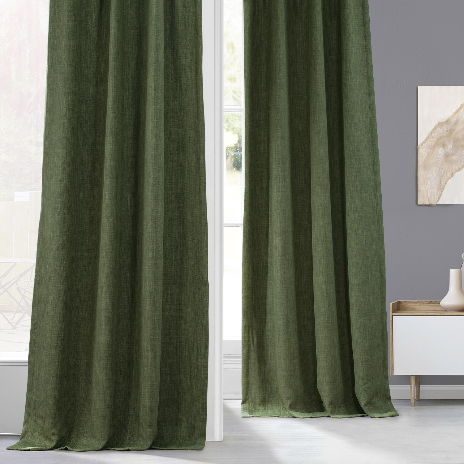 Tuscany Green Faux Linen Room Darkening Curtain