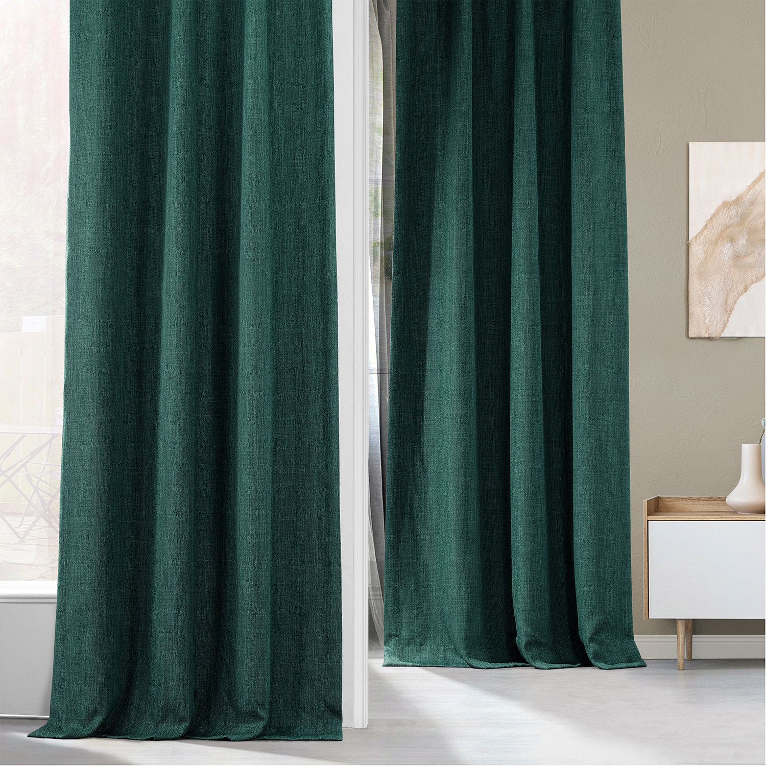 Slate Teal Faux Linen Room Darkening Curtain