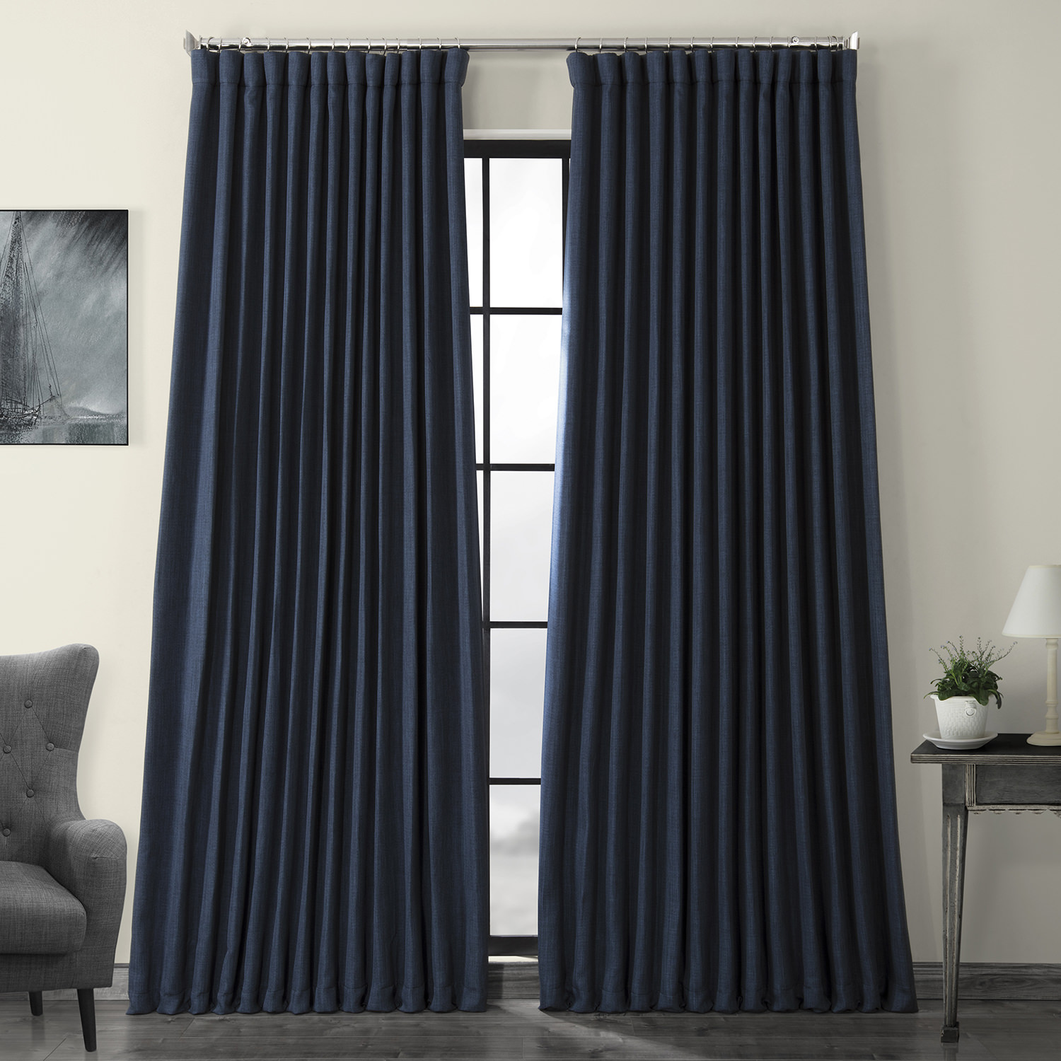 Indigo Faux Linen Extra Wide Room Darkening Curtain