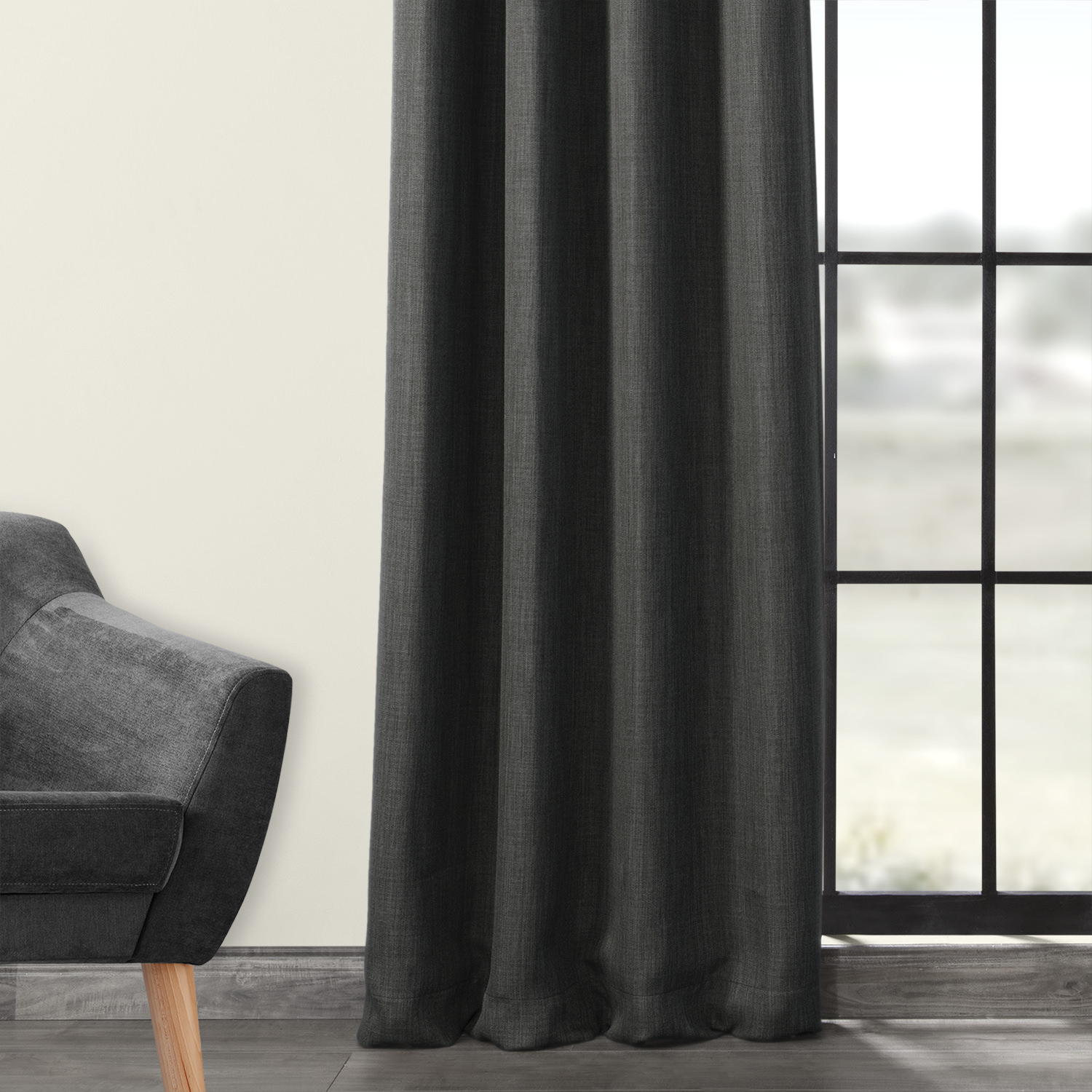 Dark Gravel Faux Linen Grommet Room Darkening Curtain