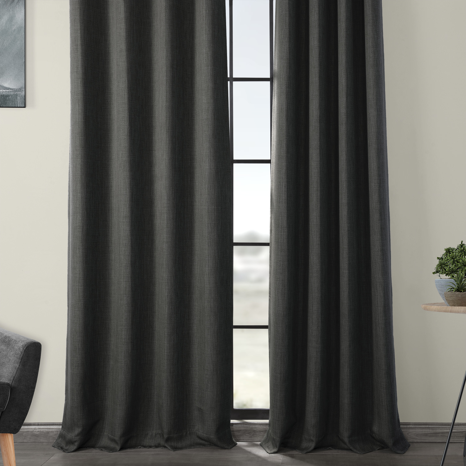 Dark Gravel Faux Linen Grommet Room Darkening Curtain