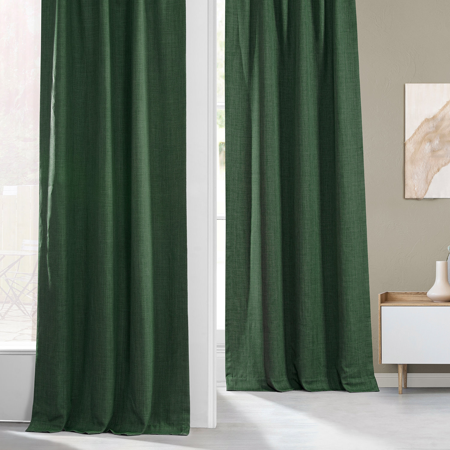 Key Green Faux Linen Room Darkening Curtain