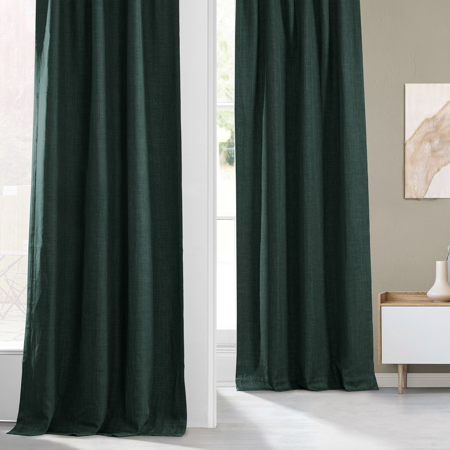 Focal Green Faux Linen Room Darkening Curtain