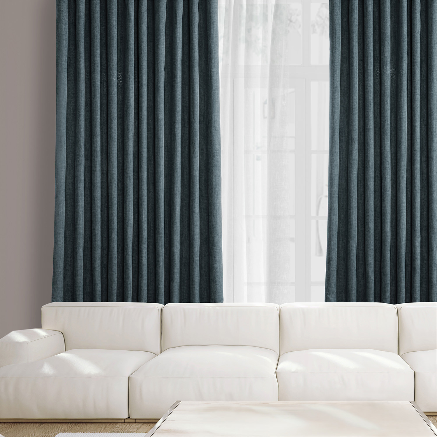 Reverie Blue Faux Linen Extra Wide Room Darkening Curtain