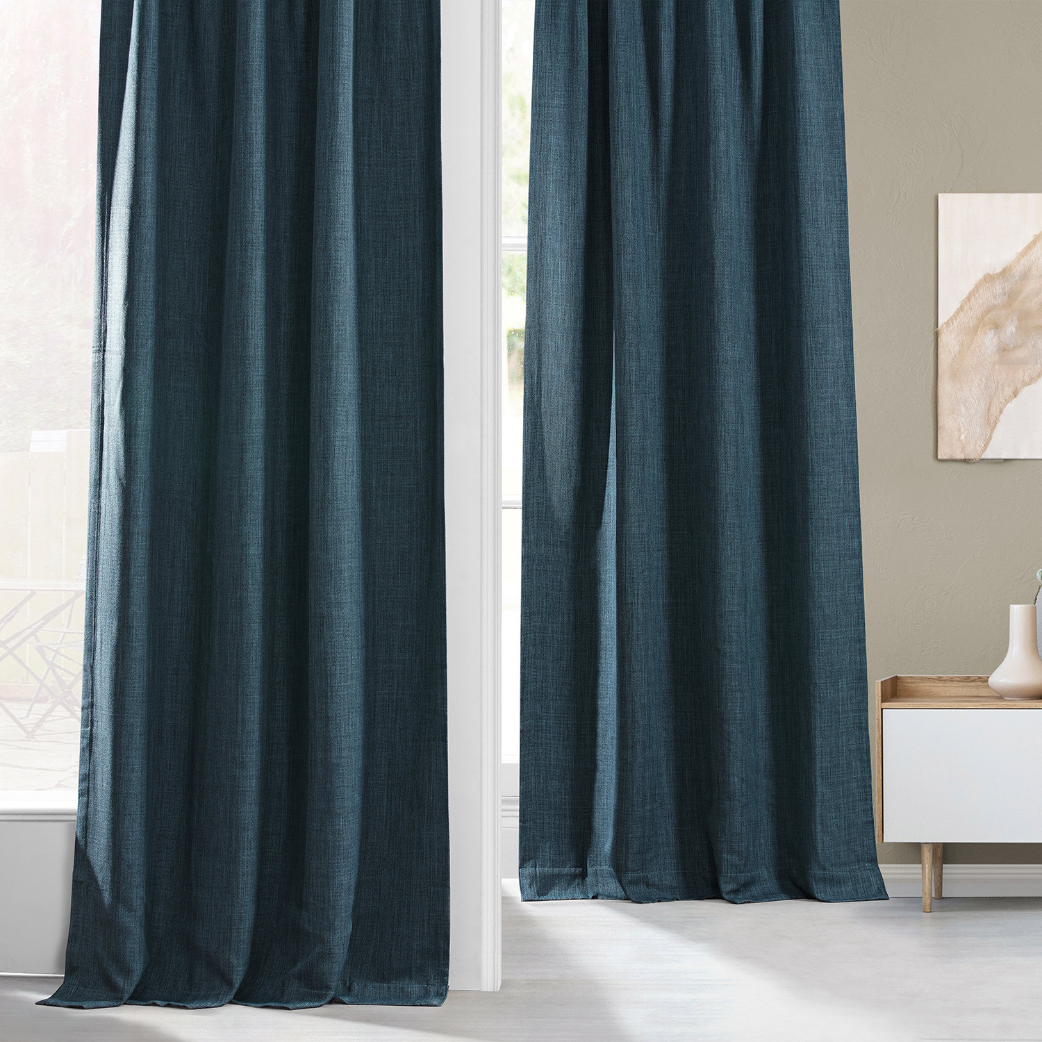 Story Blue Faux Linen Room Darkening Curtain