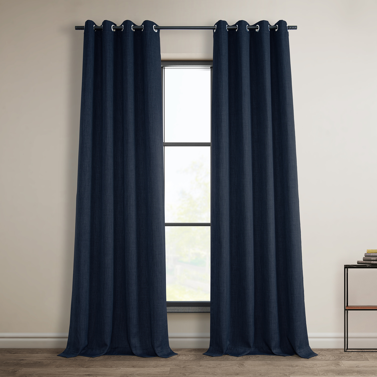 Nightfall Navy Faux Linen Grommet Room Darkening Curtain