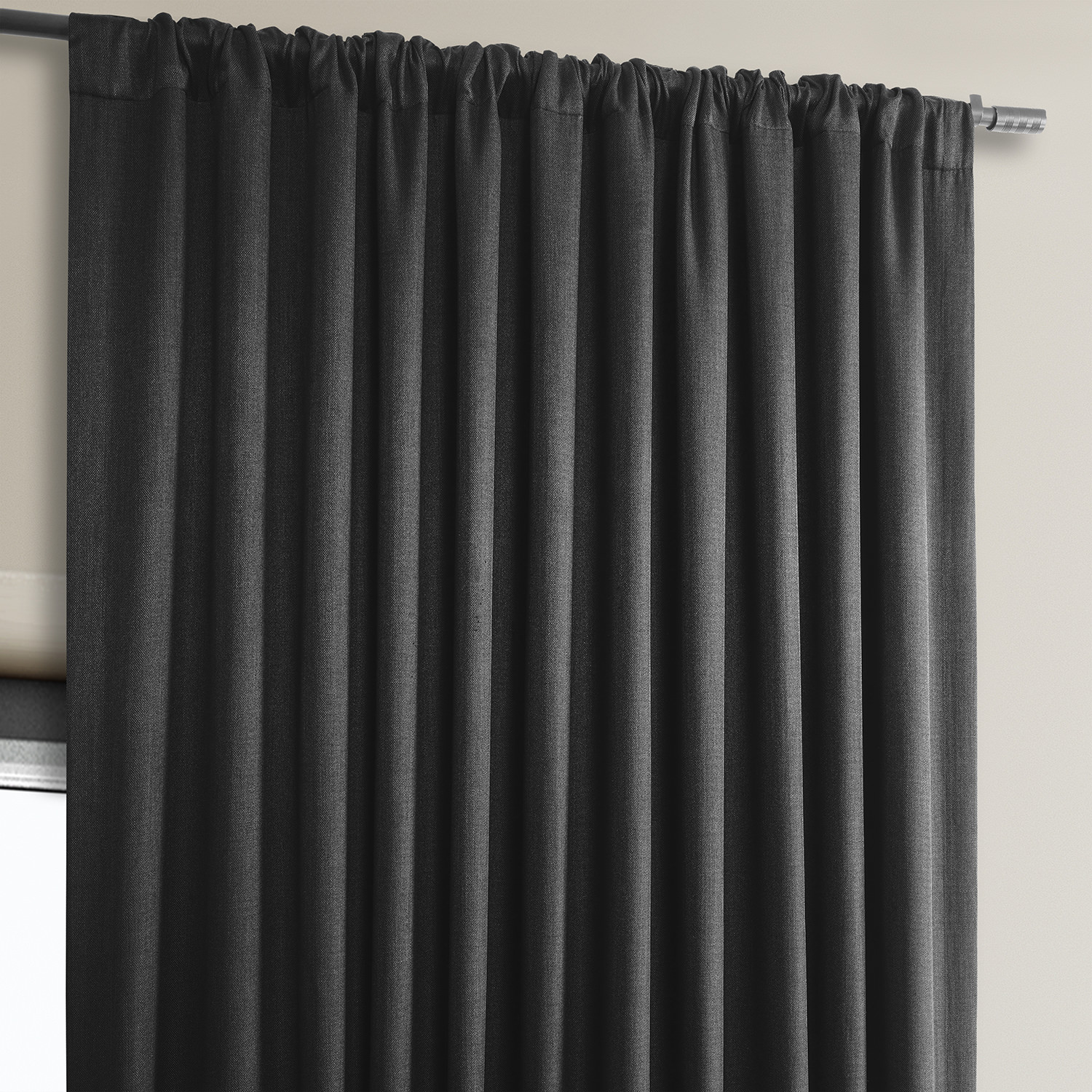 Essential Black Faux Linen Extra Wide Room Darkening Curtain