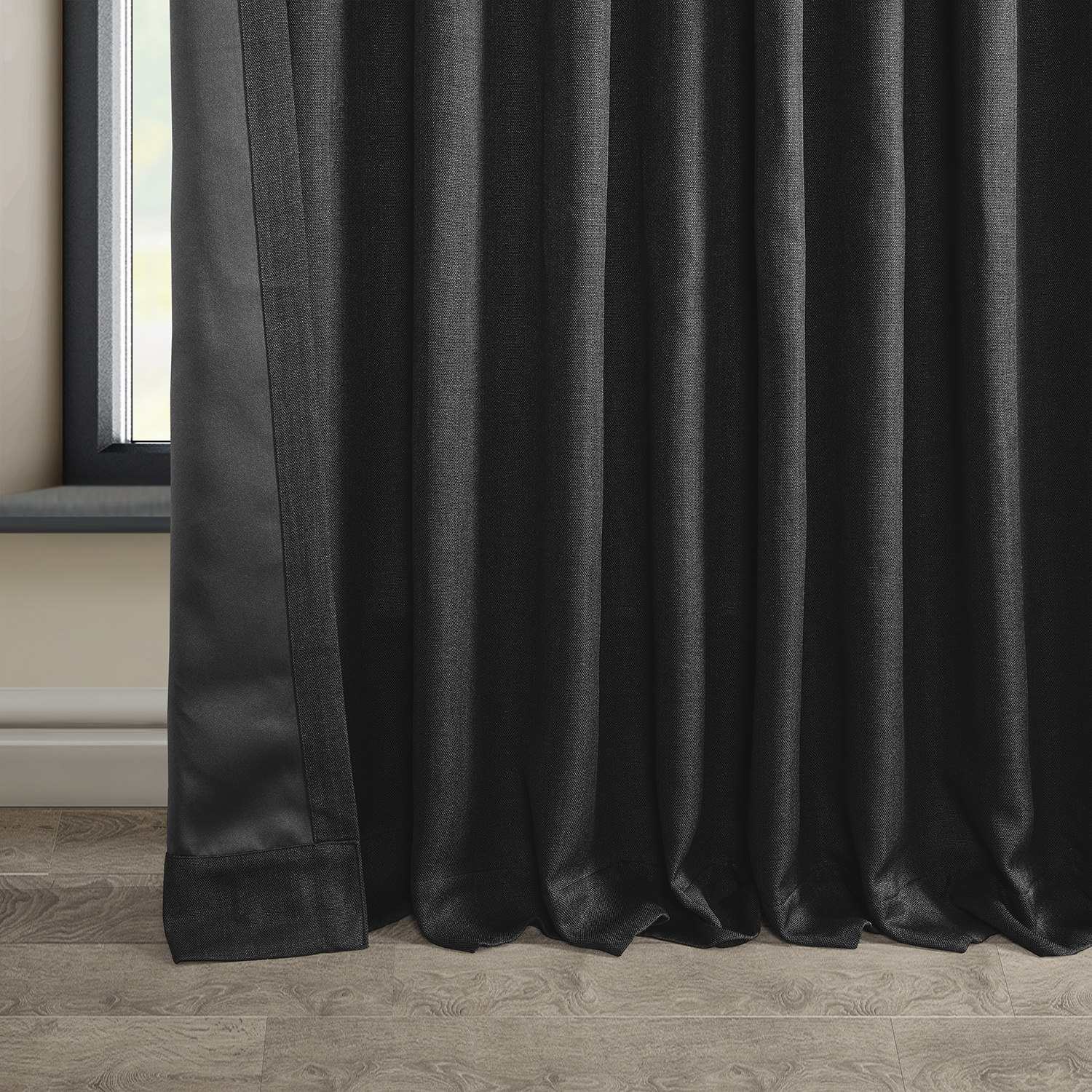 Essential Black Faux Linen Extra Wide Room Darkening Curtain