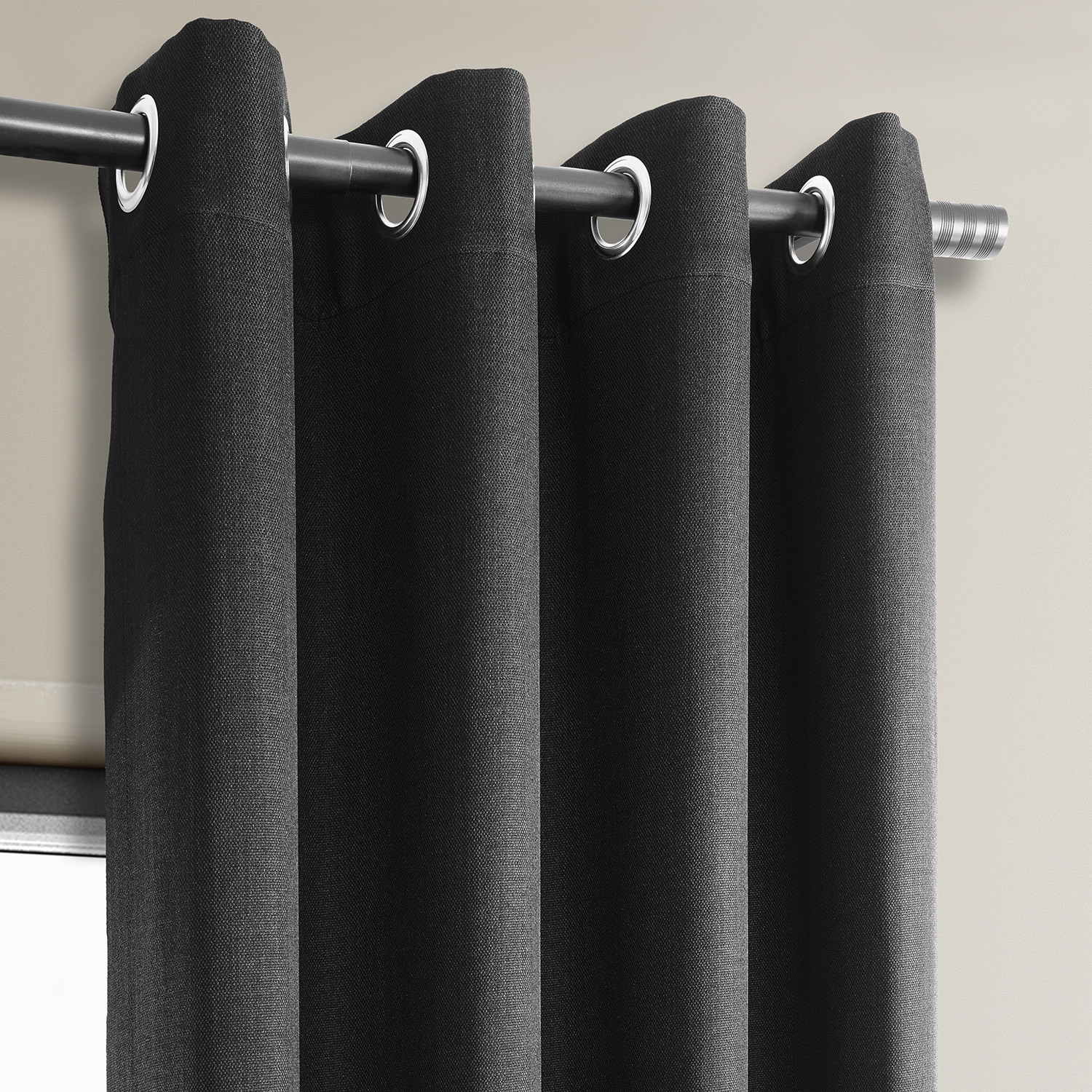 Essential Black Faux Linen Grommet Room Darkening Curtain