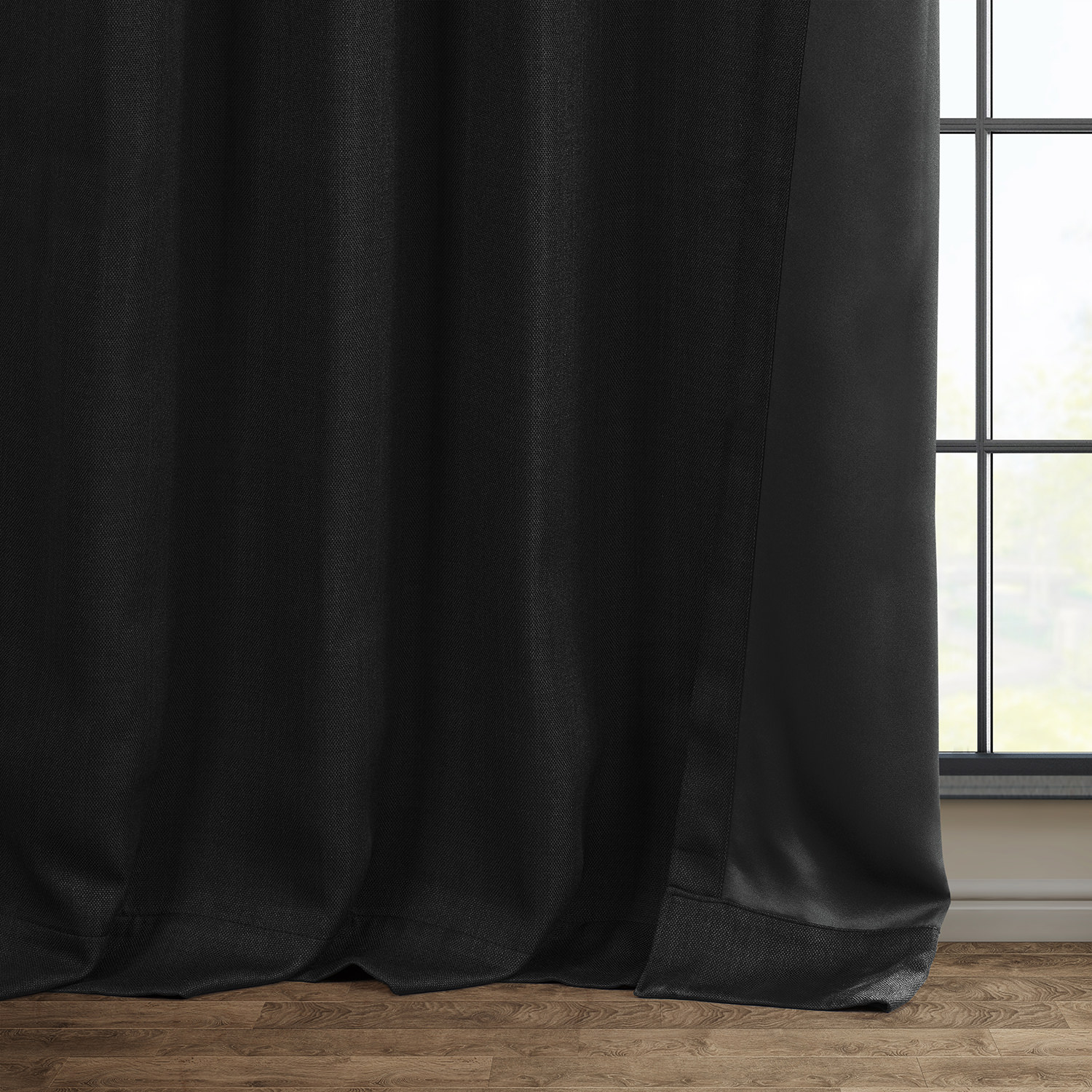 Essential Black Faux Linen Room Darkening Curtain