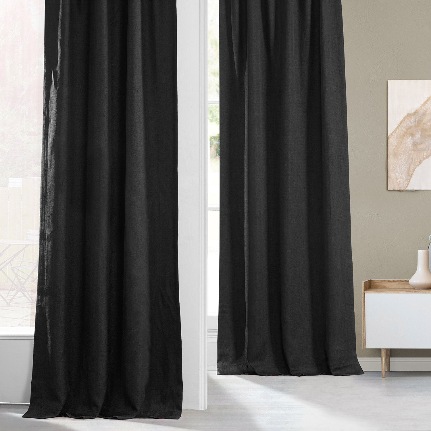 Essential Black Faux Linen Room Darkening Curtain