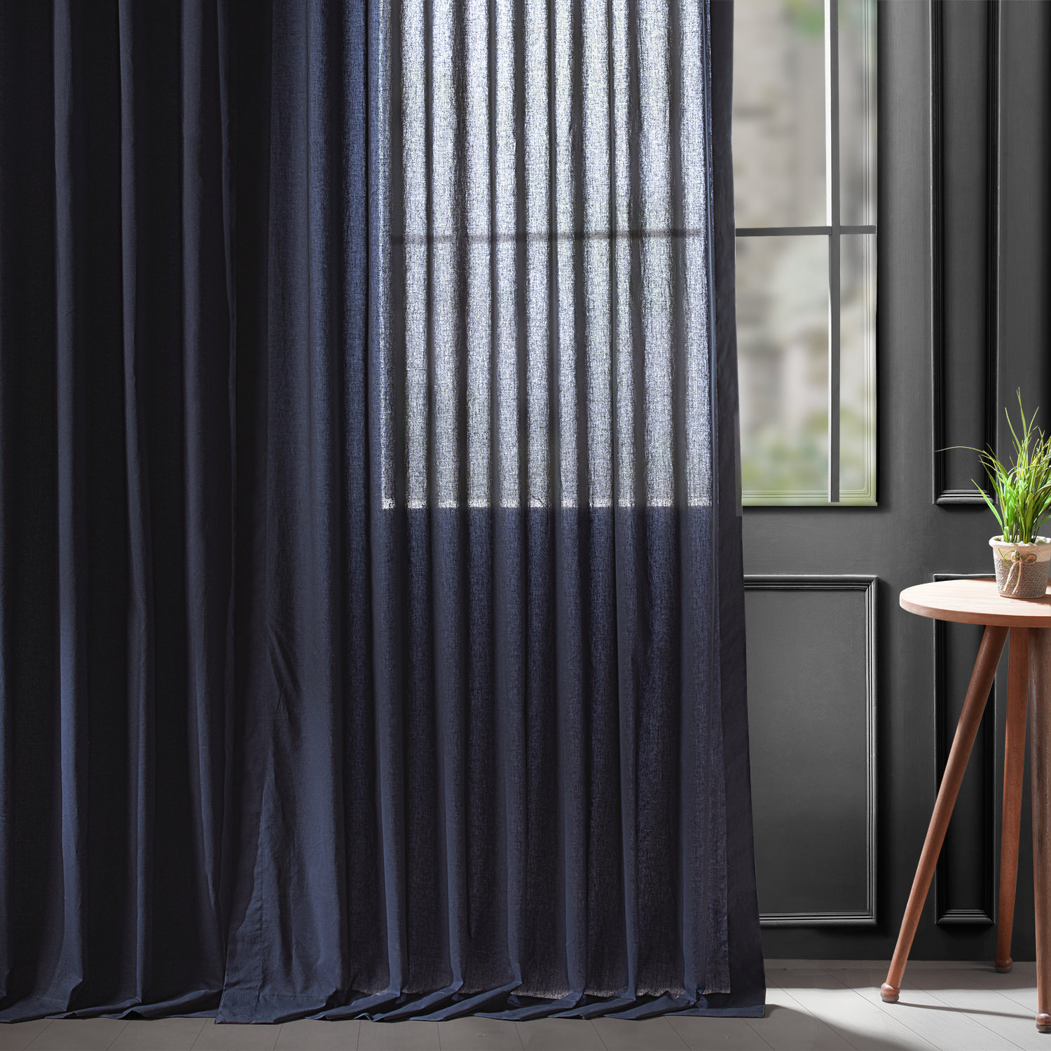 Acai Blue Solid Classic Cotton Semi Sheer Curtain Pair (2 Panels)