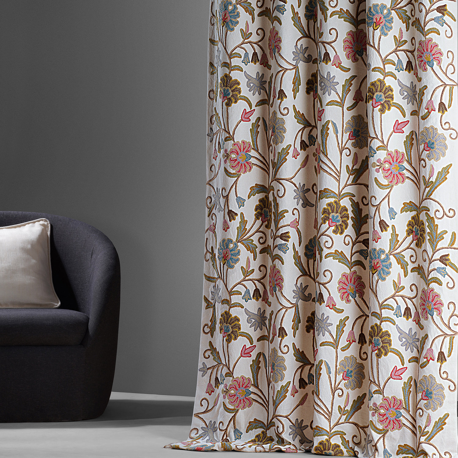 Marlow Embroidered Cotton Crewel Curtain