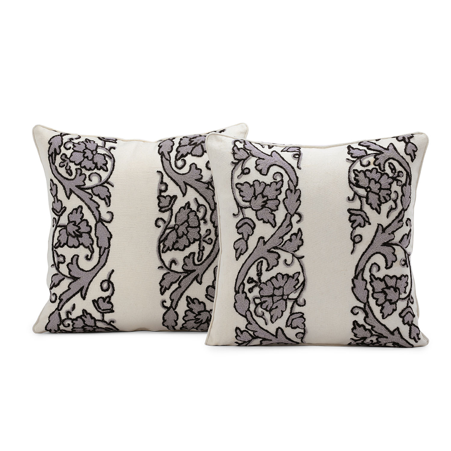 Florence Grey Embroidered Cotton Crewel Cushion Covers - Pair