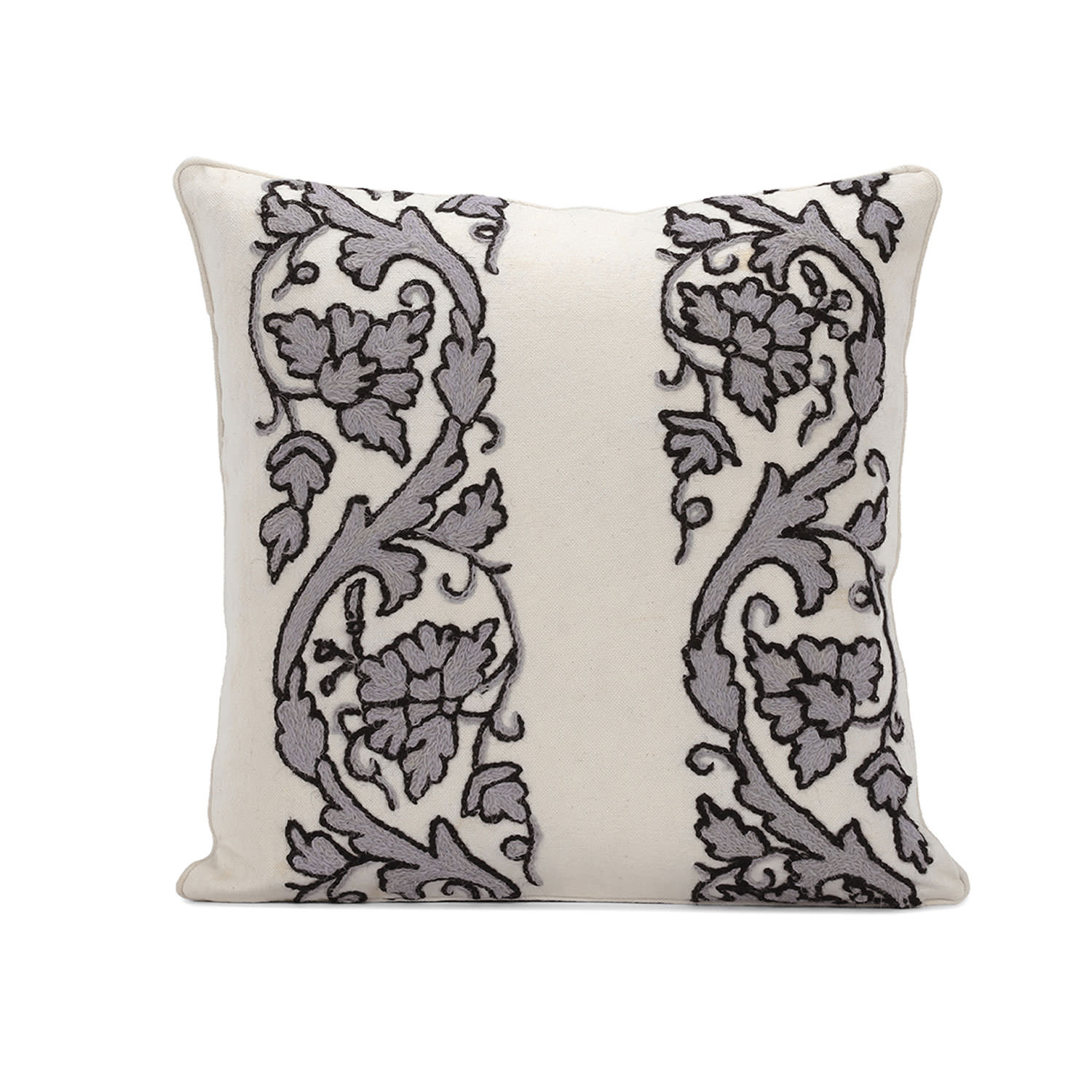 Florence Grey Embroidered Cotton Crewel Cushion Covers - Pair