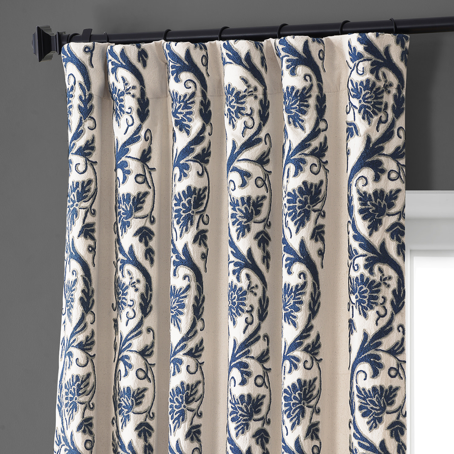 Florence Blue Embroidered Cotton Crewel Curtain