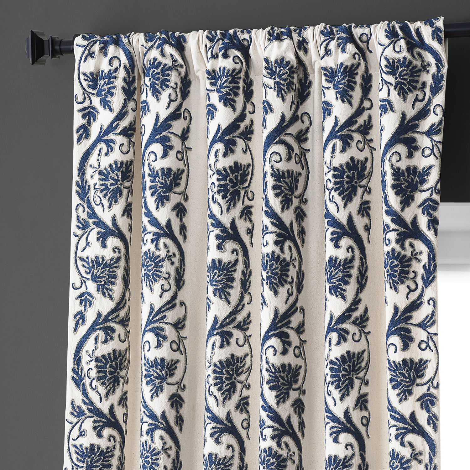 Florence Blue Embroidered Cotton Crewel Curtain