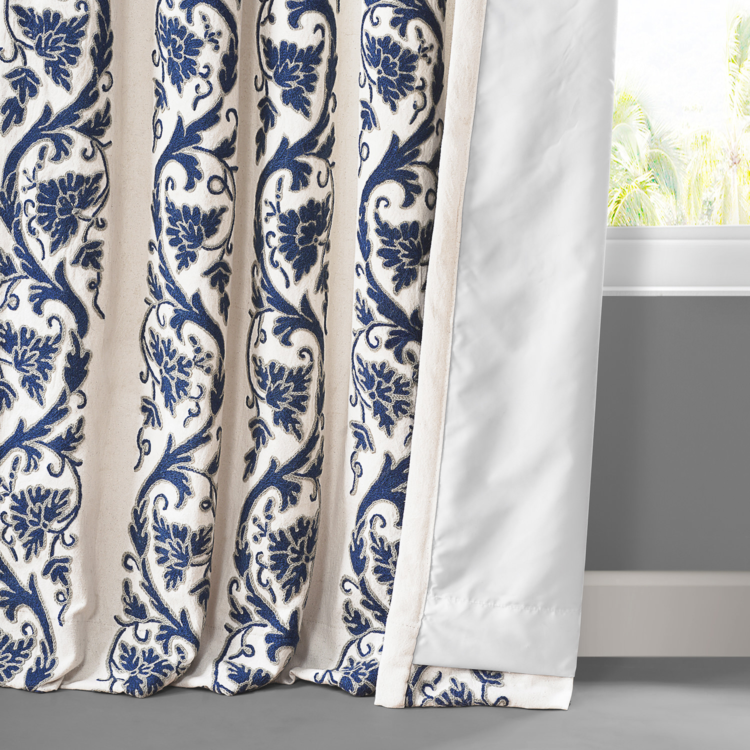 Florence Blue Embroidered Cotton Crewel Curtain