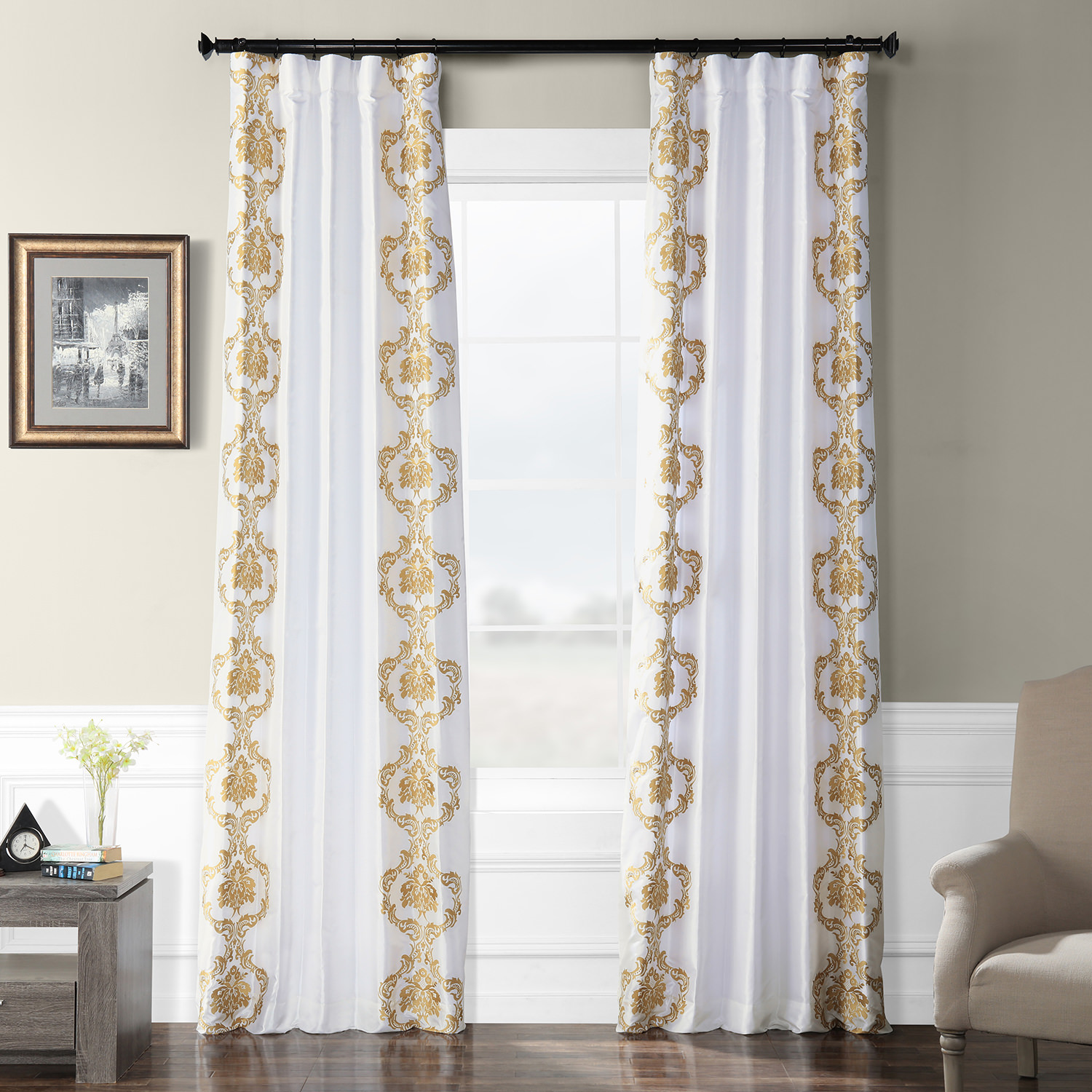 Anastasia White &amp; Gold Designer Embroidered Curtain