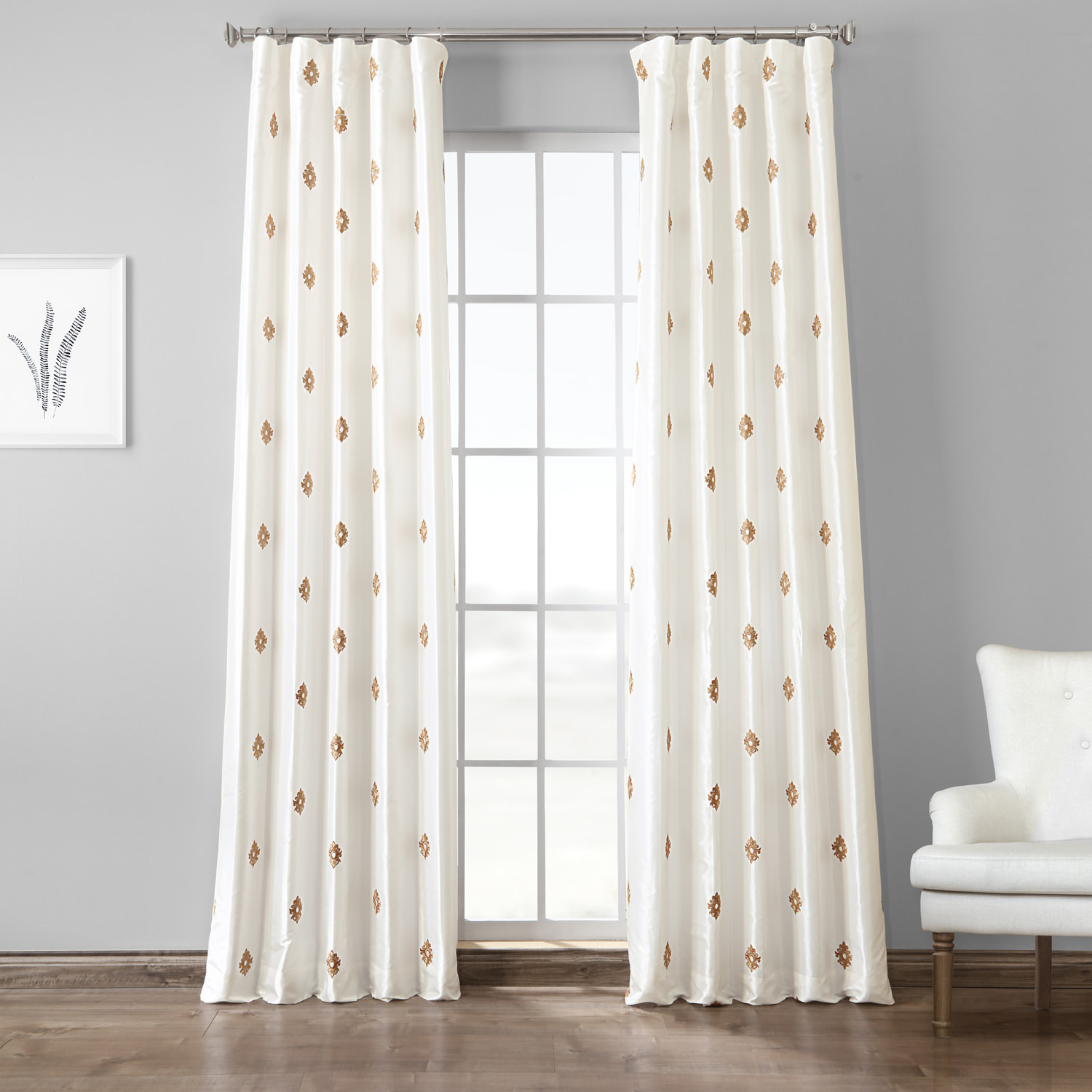 Trophy Gold &amp; White Designer Embroidered Curtain