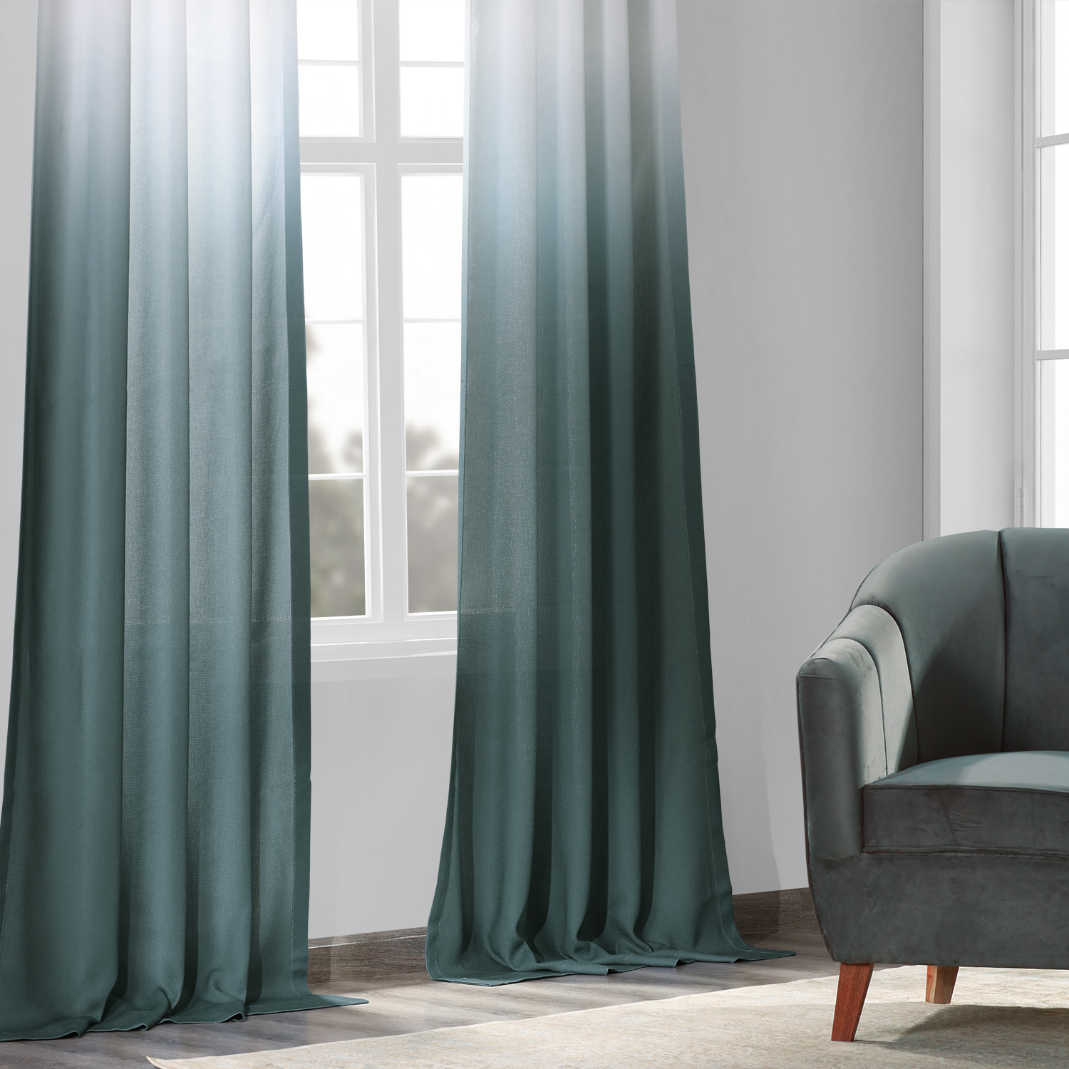 Ombre Aqua Faux Linen Sheer Curtain