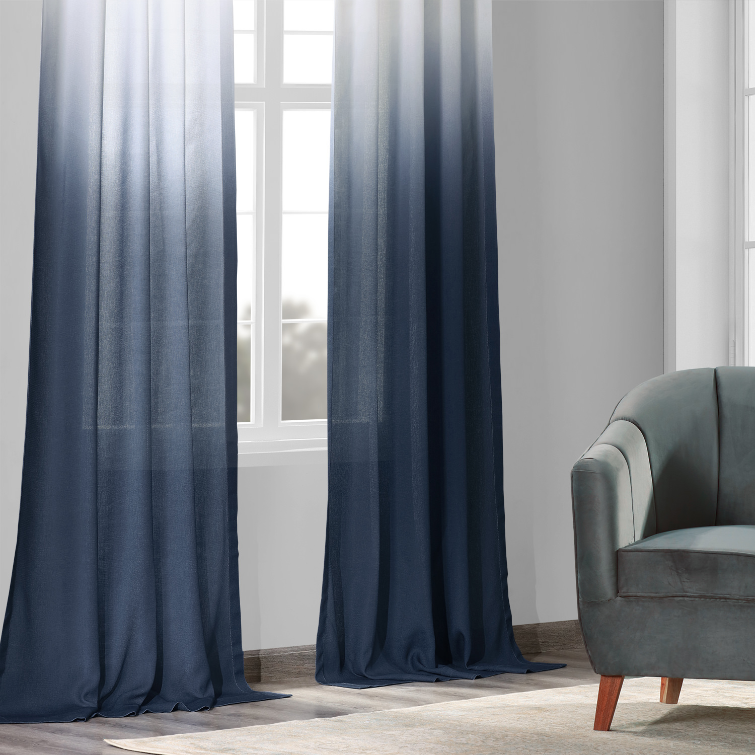 Ombre Blue Faux Linen Sheer Curtain