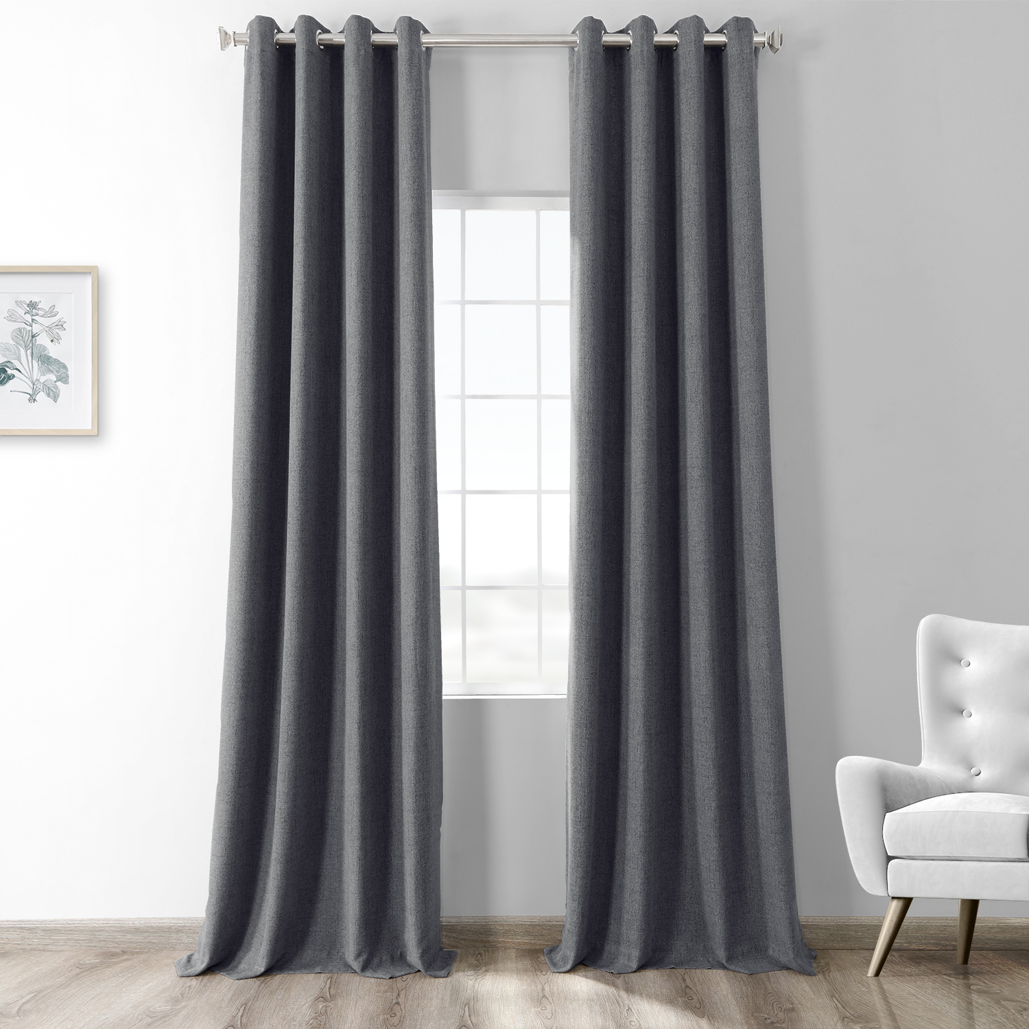 Modern Grey Thermal Room Darkening Heathered Italian Woolen Weave Grommet Curtain