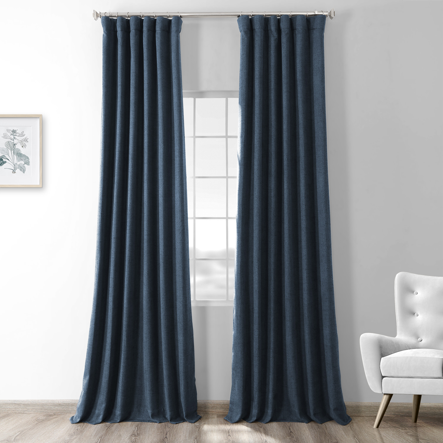 Dark Denim Blue Thermal Room Darkening Heathered Italian Woolen Weave Curtain