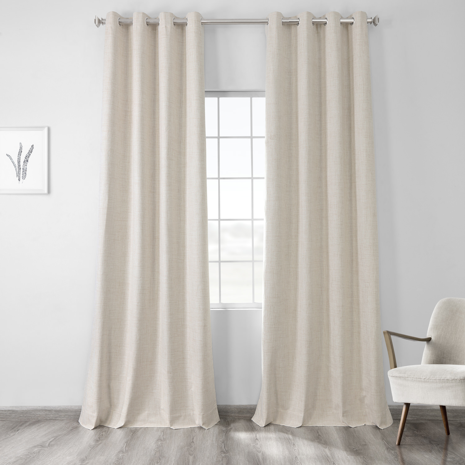 Natural Light Beige Vintage Thermal Cross Linen Weave Blackout Grommet Curtain