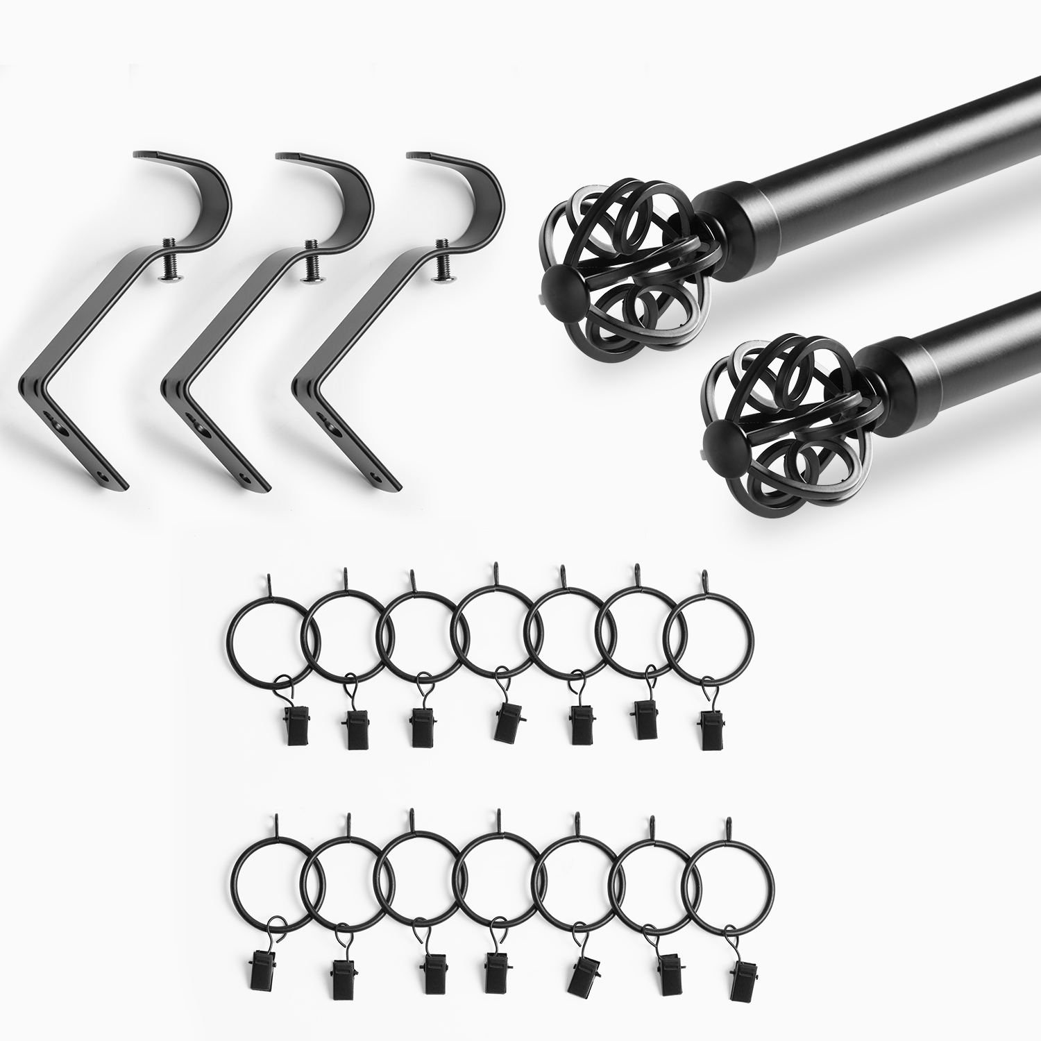 Modern Orb Extendable Metal Rod Set- Matte Black