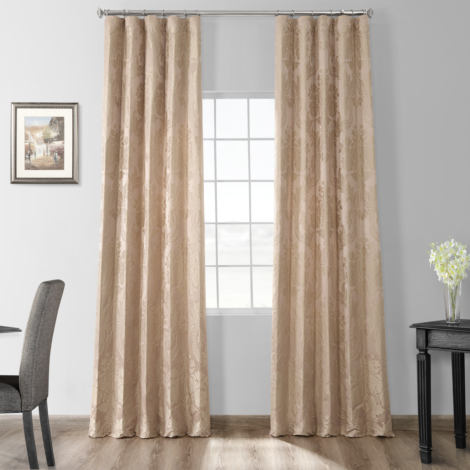 Magdelena Beige &amp; Gold Designer Damask Curtain