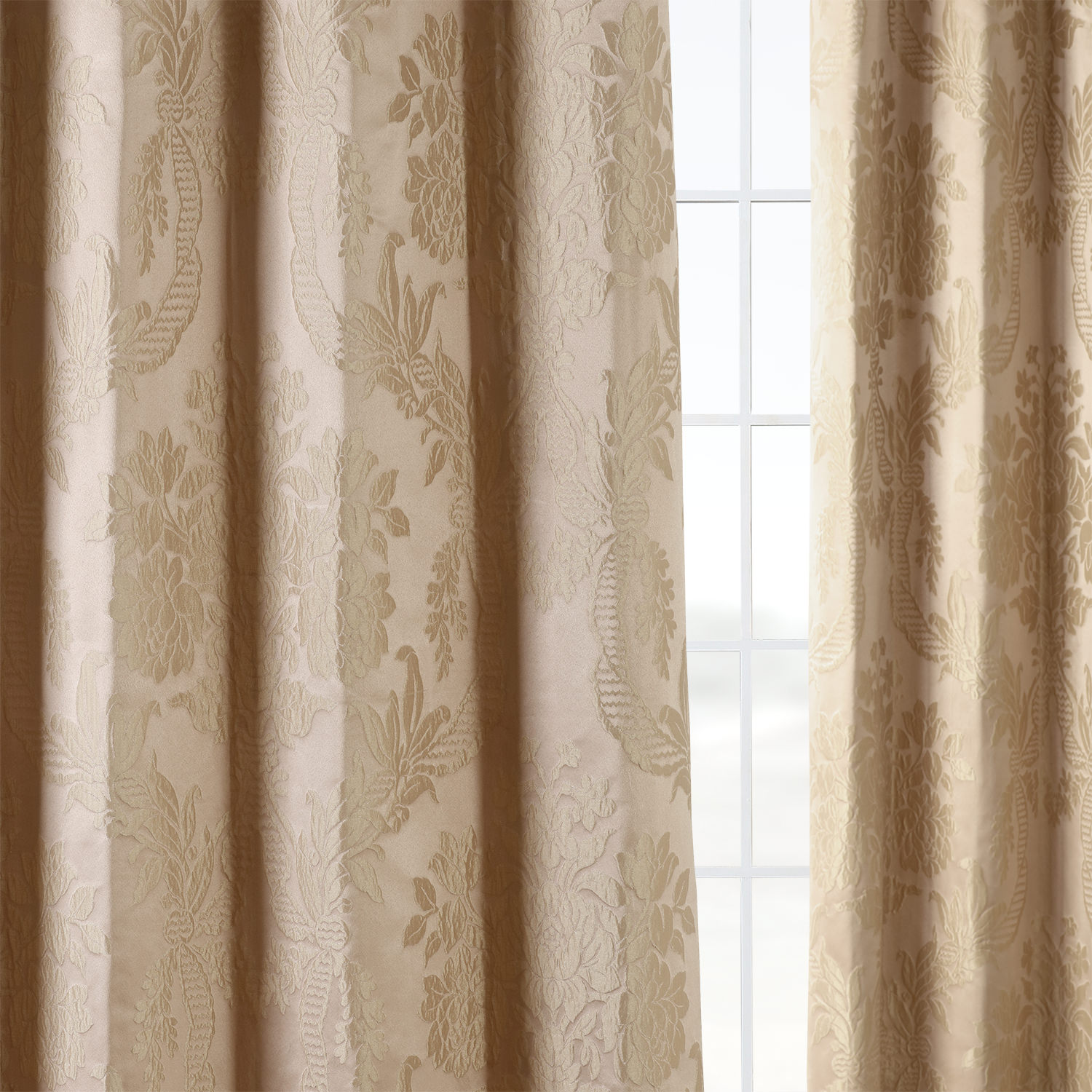 Magdelena Beige & Gold Designer Damask Curtain