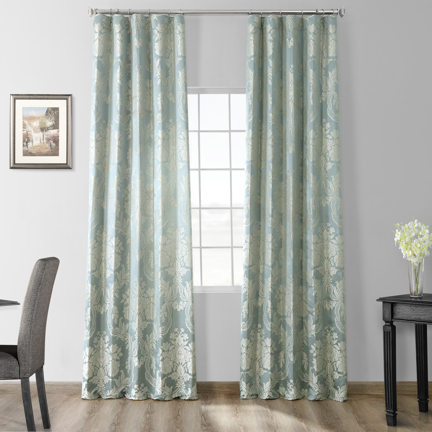 Magdelena Steel Blue &amp; Silver Designer Damask Curtain