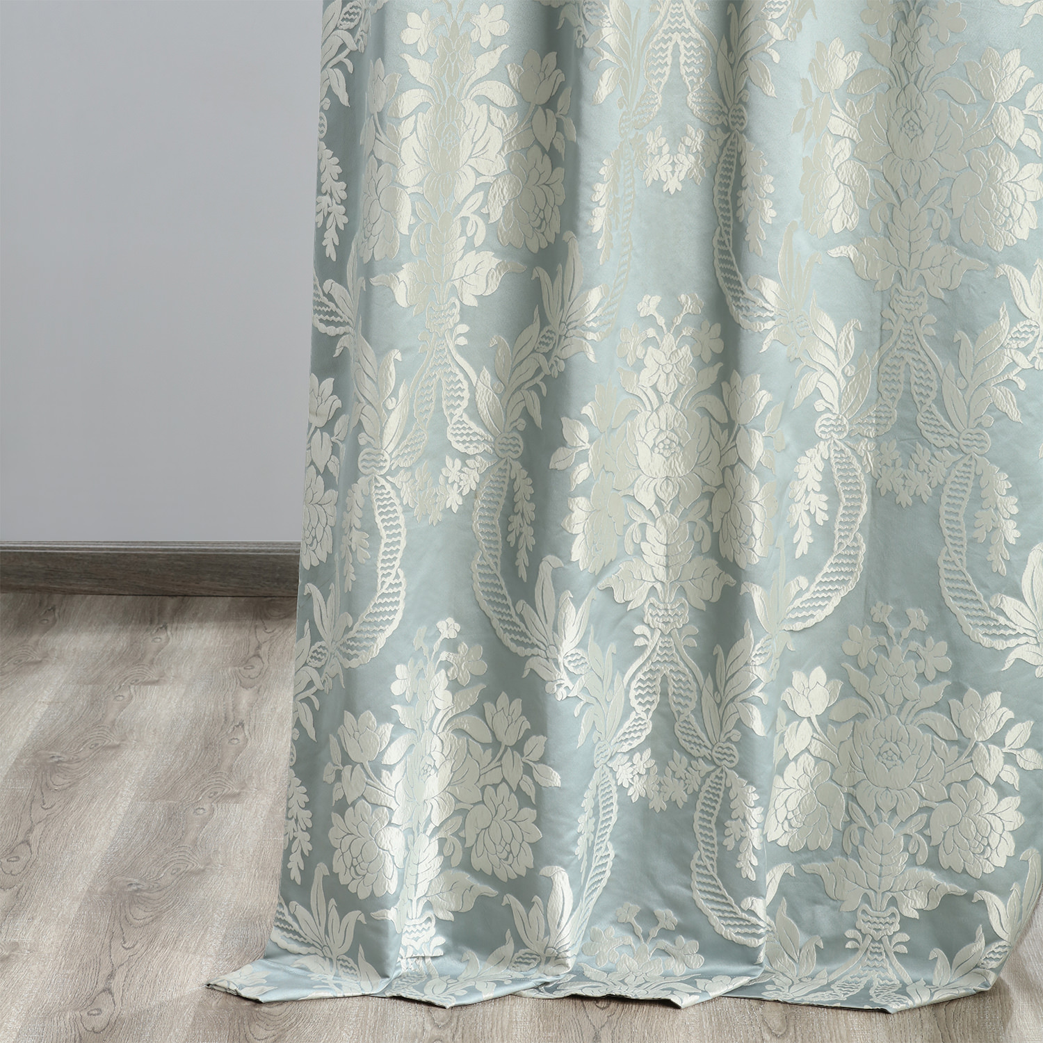 Magdelena Steel Blue & Silver Designer Damask Curtain