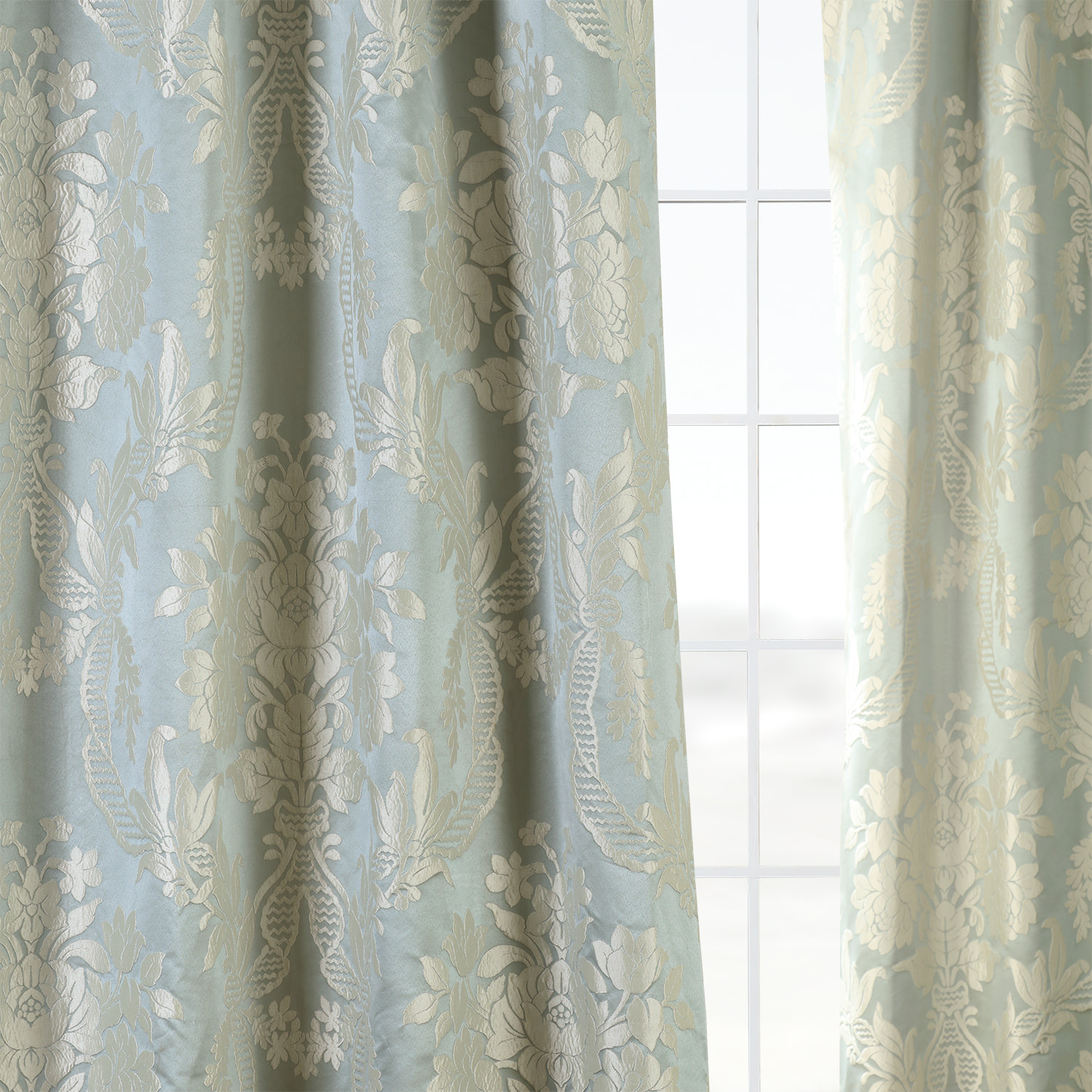 Magdelena Steel Blue & Silver Designer Damask Curtain