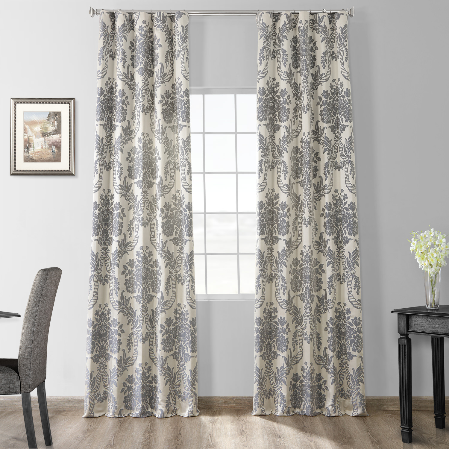 Magdelena Silver &amp; Blue Designer Damask Curtain