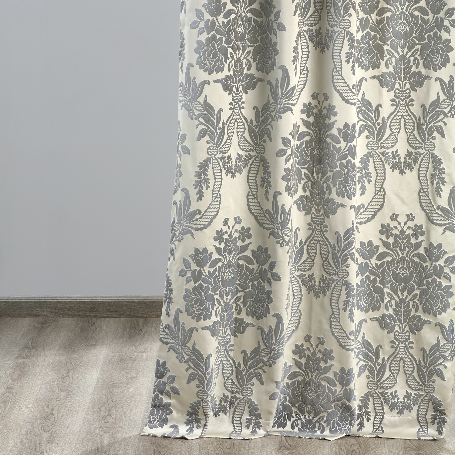 Magdelena Silver & Blue Designer Damask Curtain