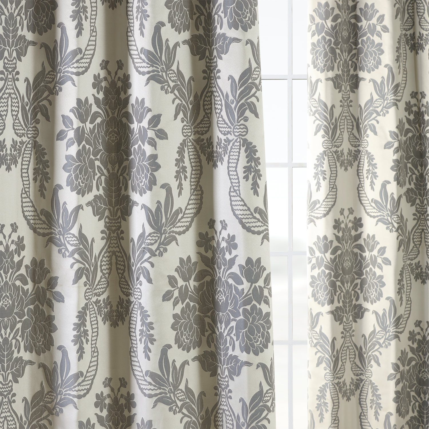 Magdelena Silver & Blue Designer Damask Curtain