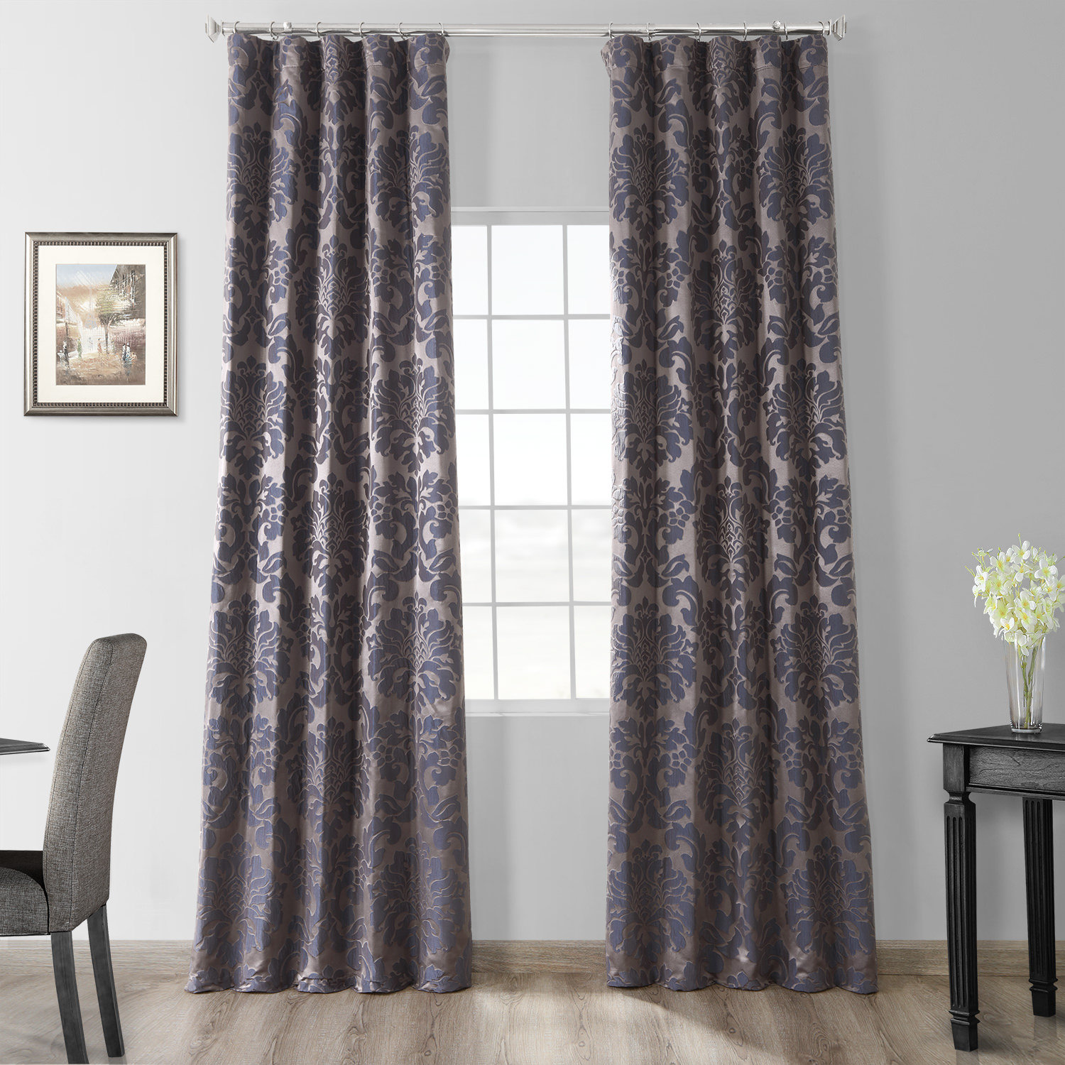 Astoria Warm Grey &amp; Blue Designer Damask Curtain