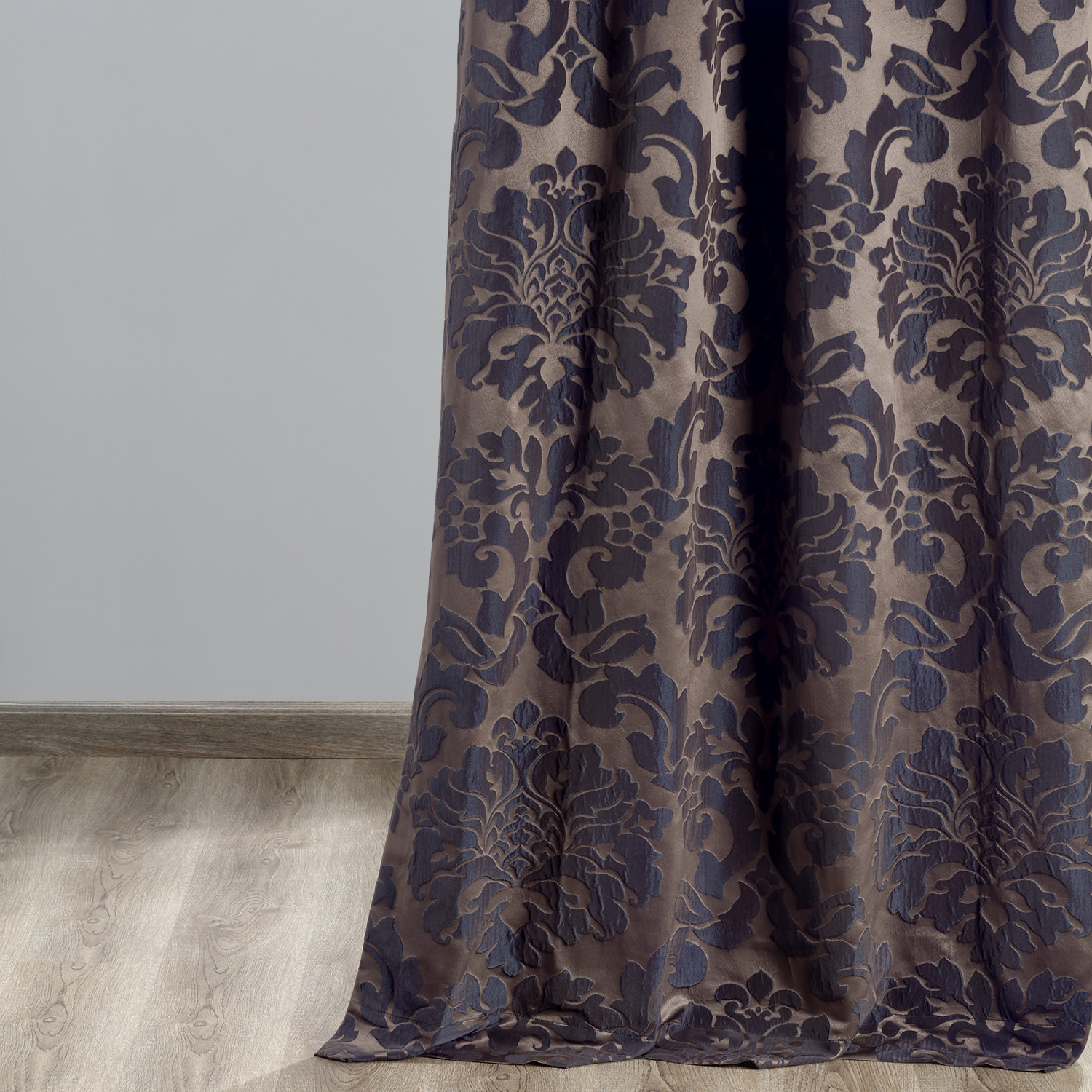 Astoria Warm Grey & Blue Designer Damask Curtain