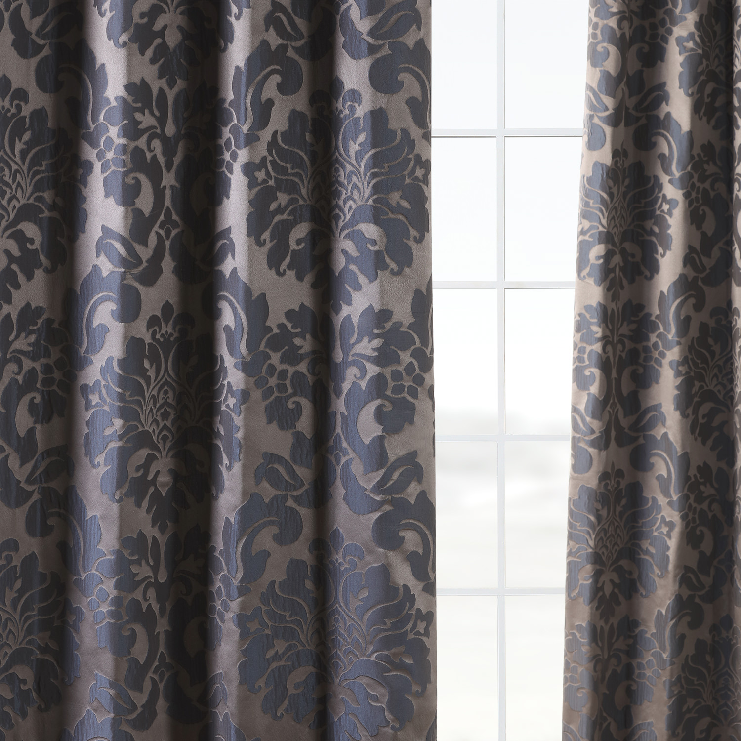 Astoria Warm Grey & Blue Designer Damask Curtain