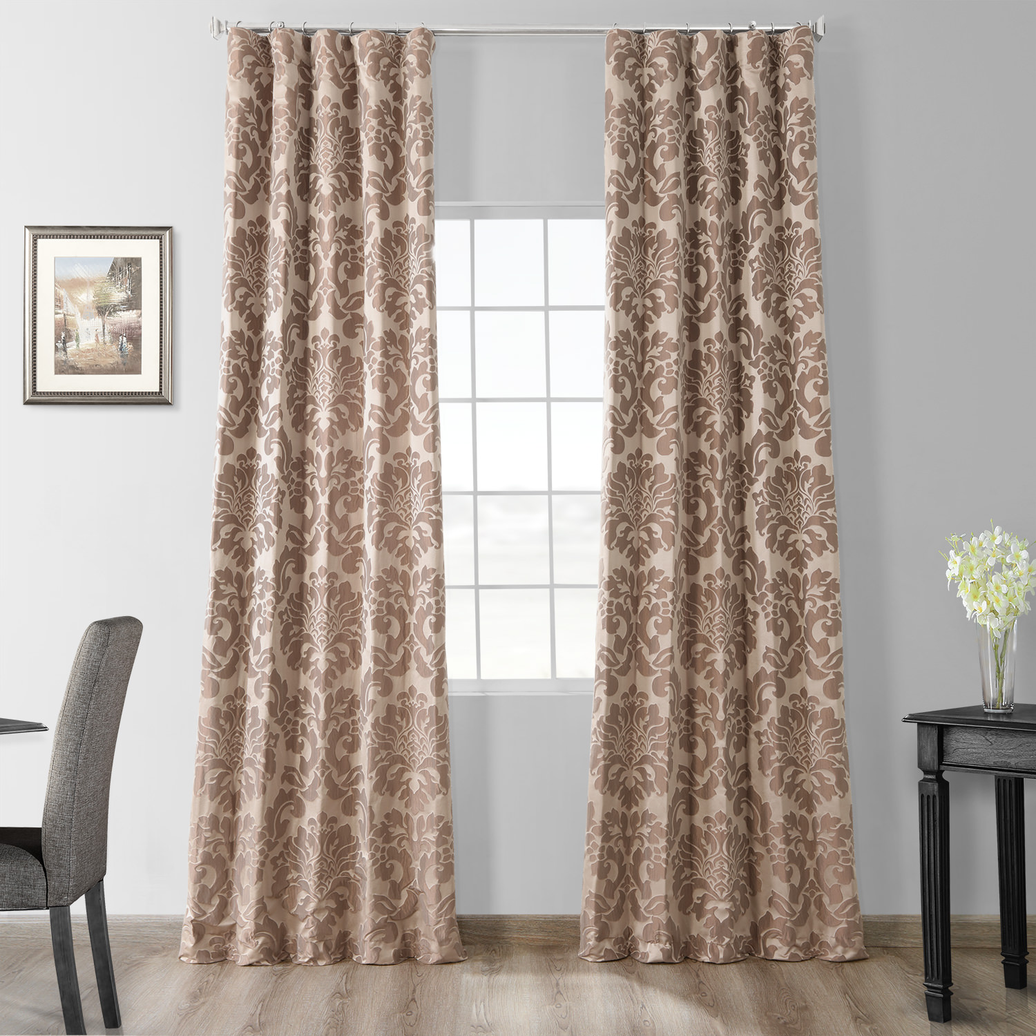 Astoria Taupe &amp; Mushroom Designer Damask Curtain